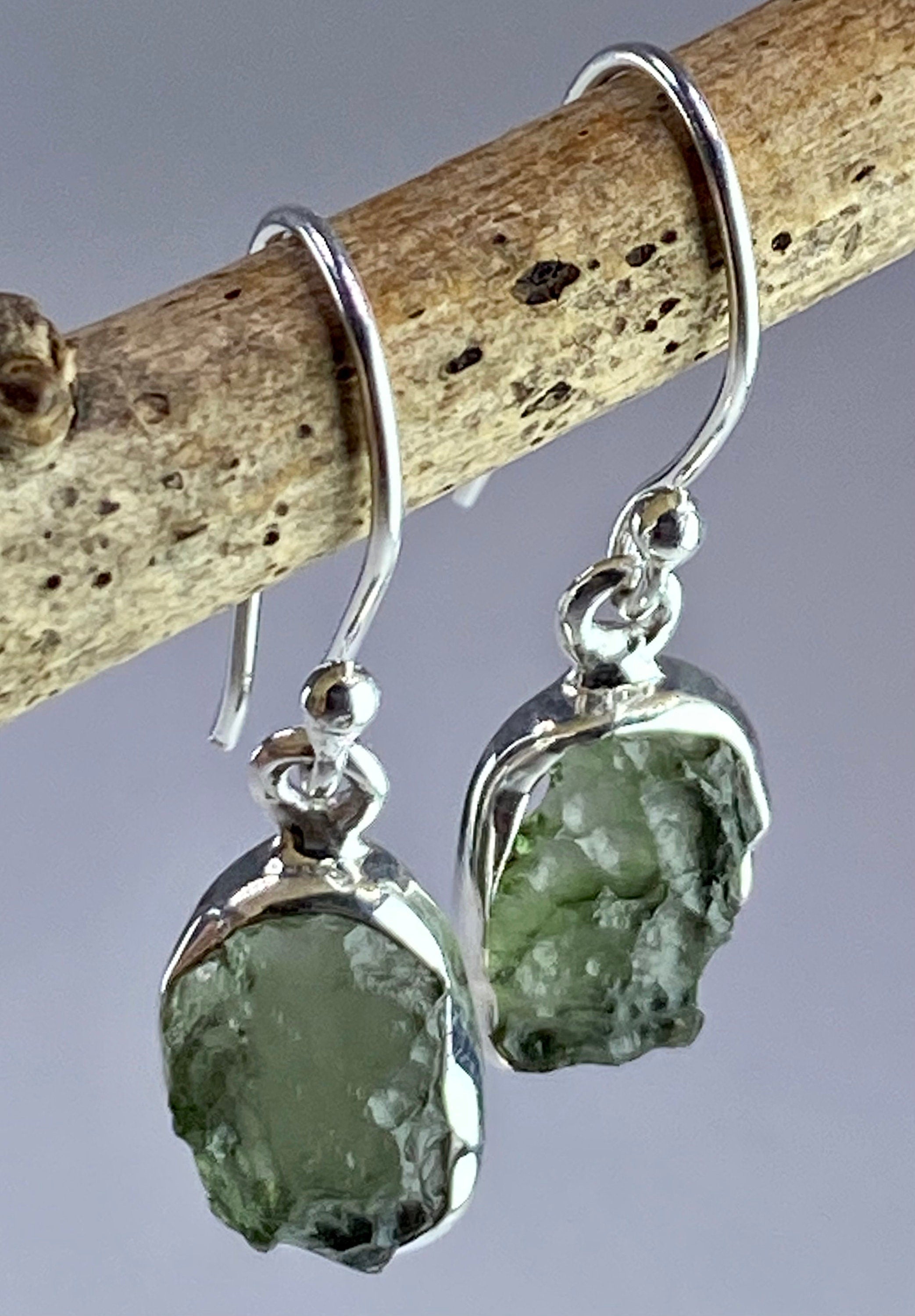 Natural Moldavite and Silver Dangle Earrings (UV11)