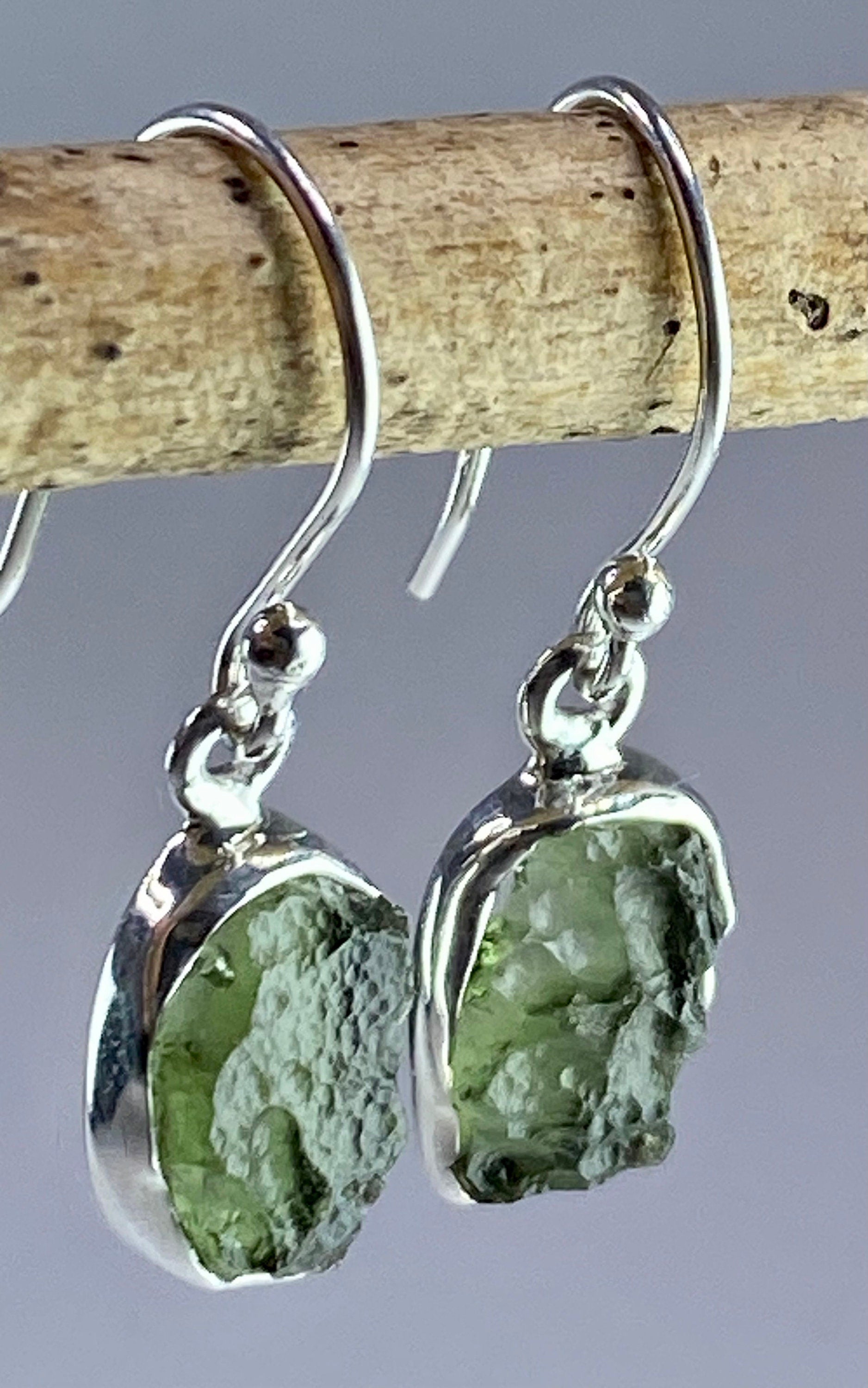 Natural Moldavite and Silver Dangle Earrings (UV11)