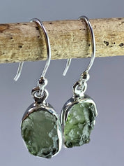 Natural Moldavite and Silver Dangle Earrings (UV11)