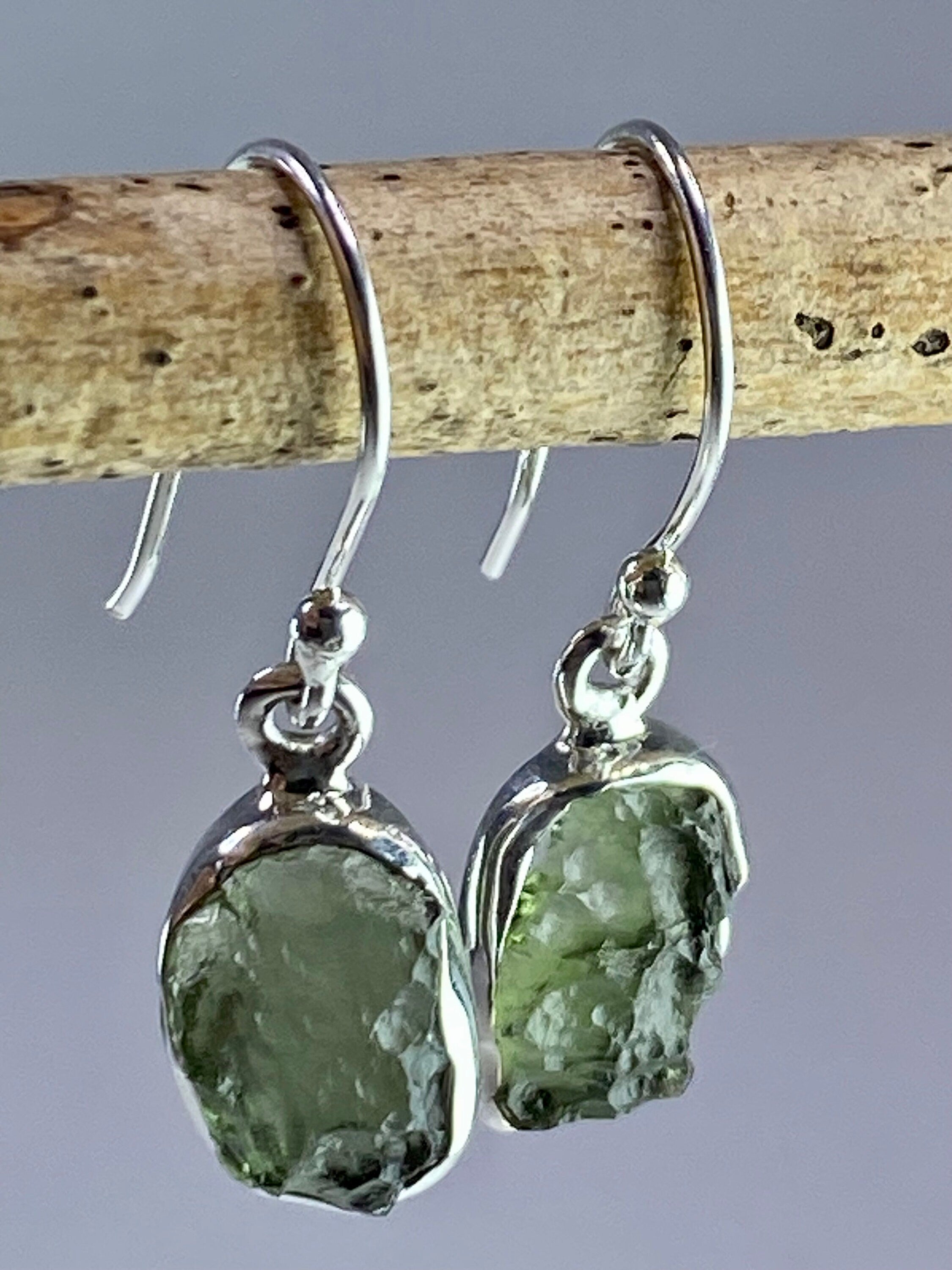 Natural Moldavite and Silver Dangle Earrings (UV11)
