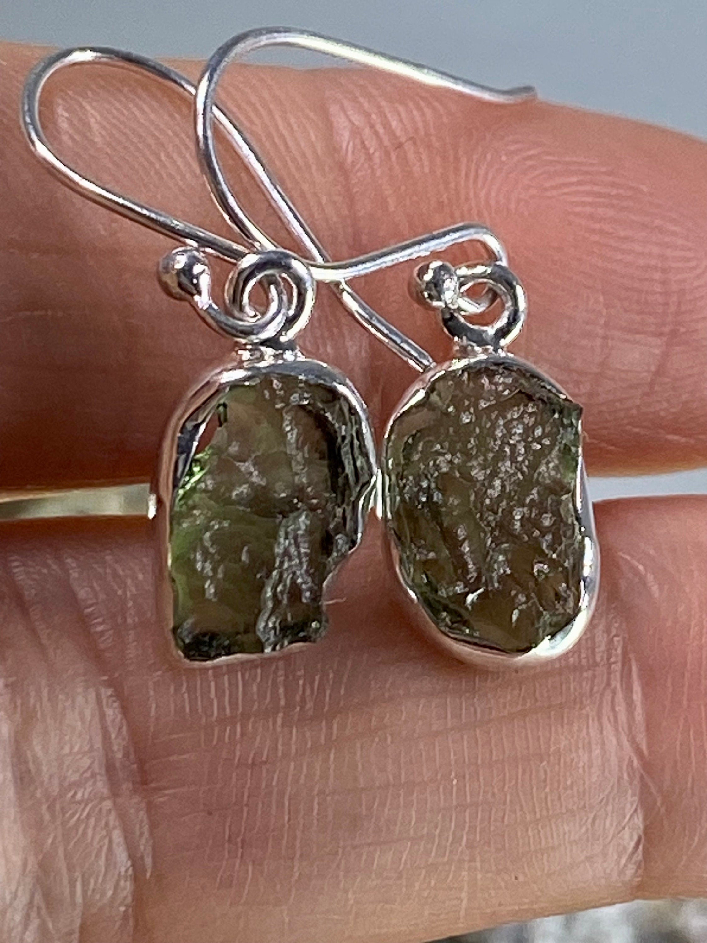 Natural Moldavite and Silver Dangle Earrings (UV11)