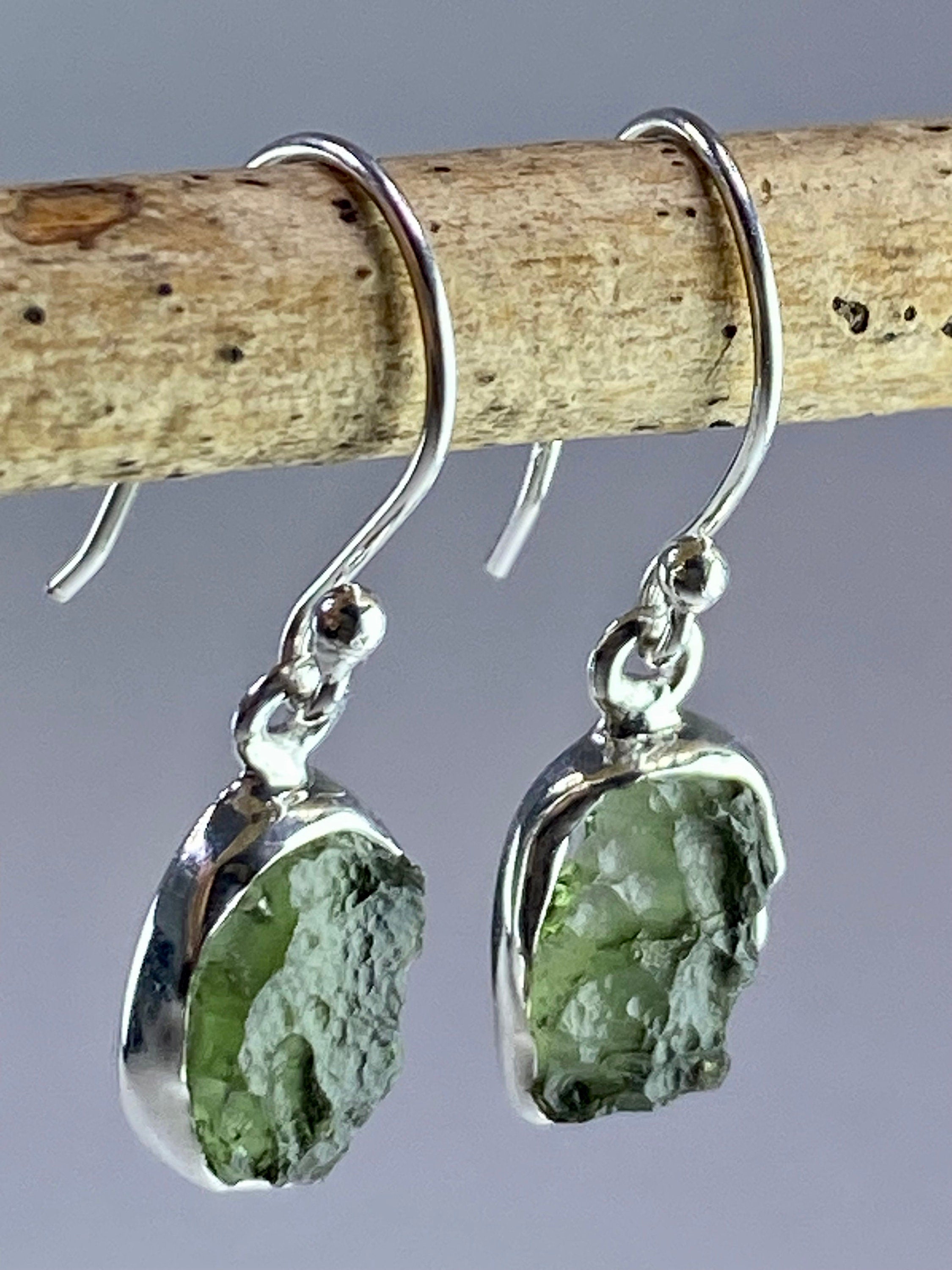 Natural Moldavite and Silver Dangle Earrings (UV11)