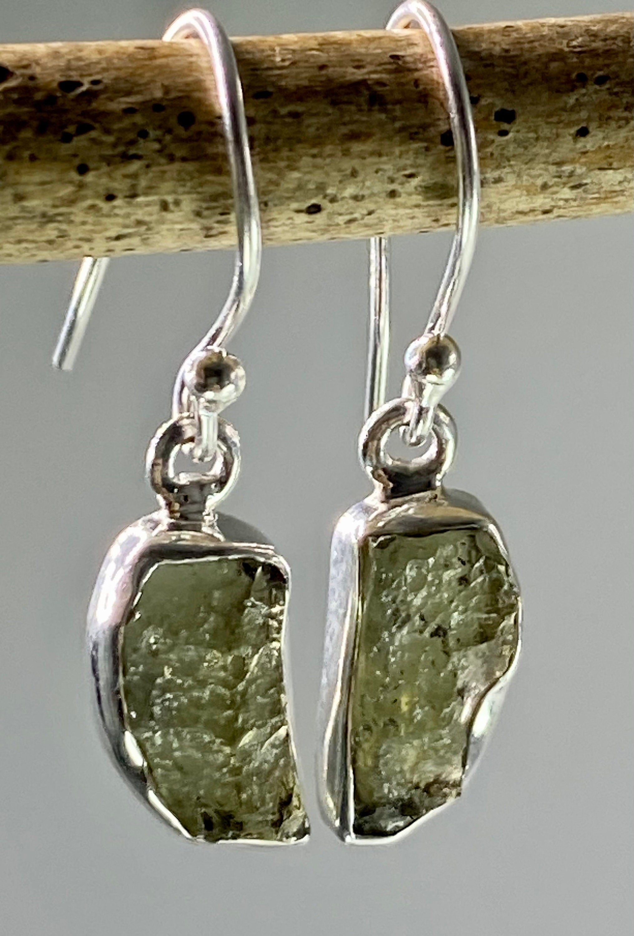 Natural Moldavite and Silver Dangle Earrings (UV25)