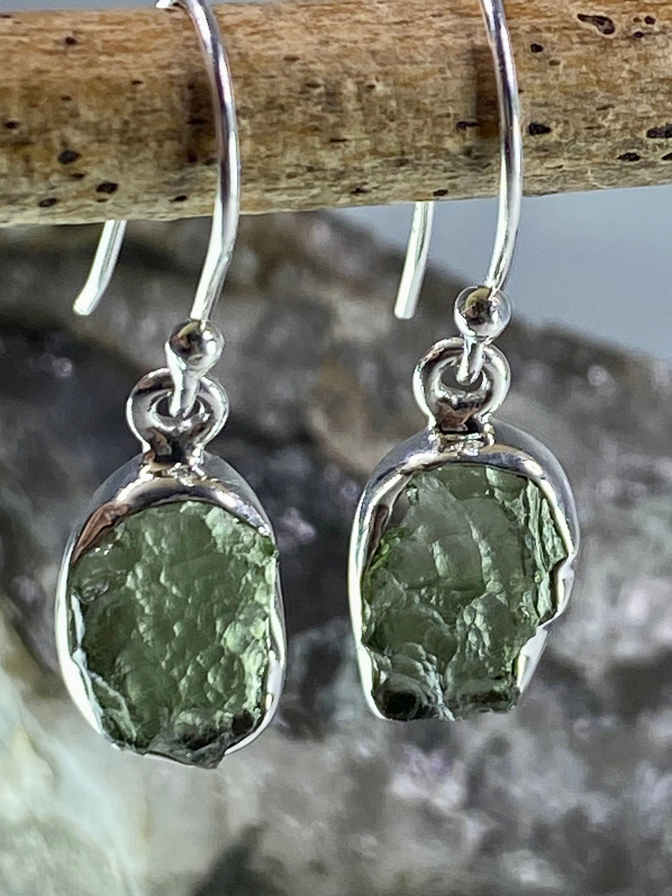Natural Moldavite and Silver Dangle Earrings (UV11)