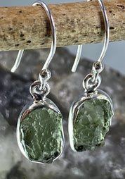 Natural Moldavite and Silver Dangle Earrings (UV11)
