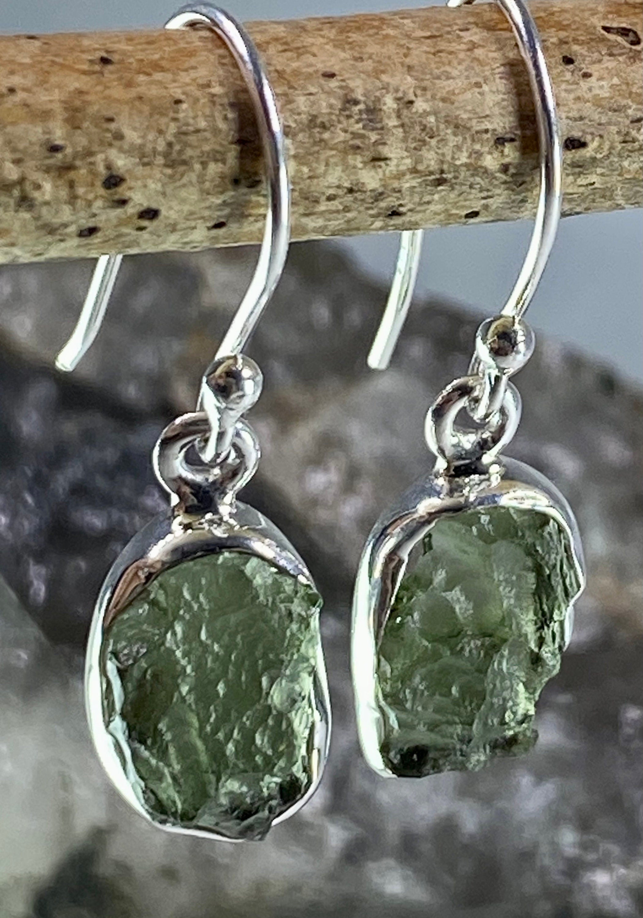Natural Moldavite and Silver Dangle Earrings (UV11)