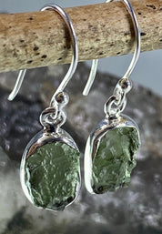 Natural Moldavite and Silver Dangle Earrings (UV11)