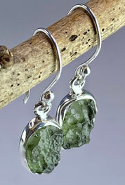 Natural Moldavite and Silver Dangle Earrings (UV11)