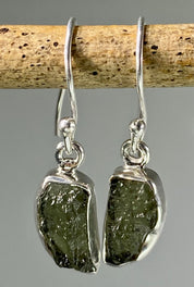 Natural Moldavite and Silver Dangle Earrings (UV25)