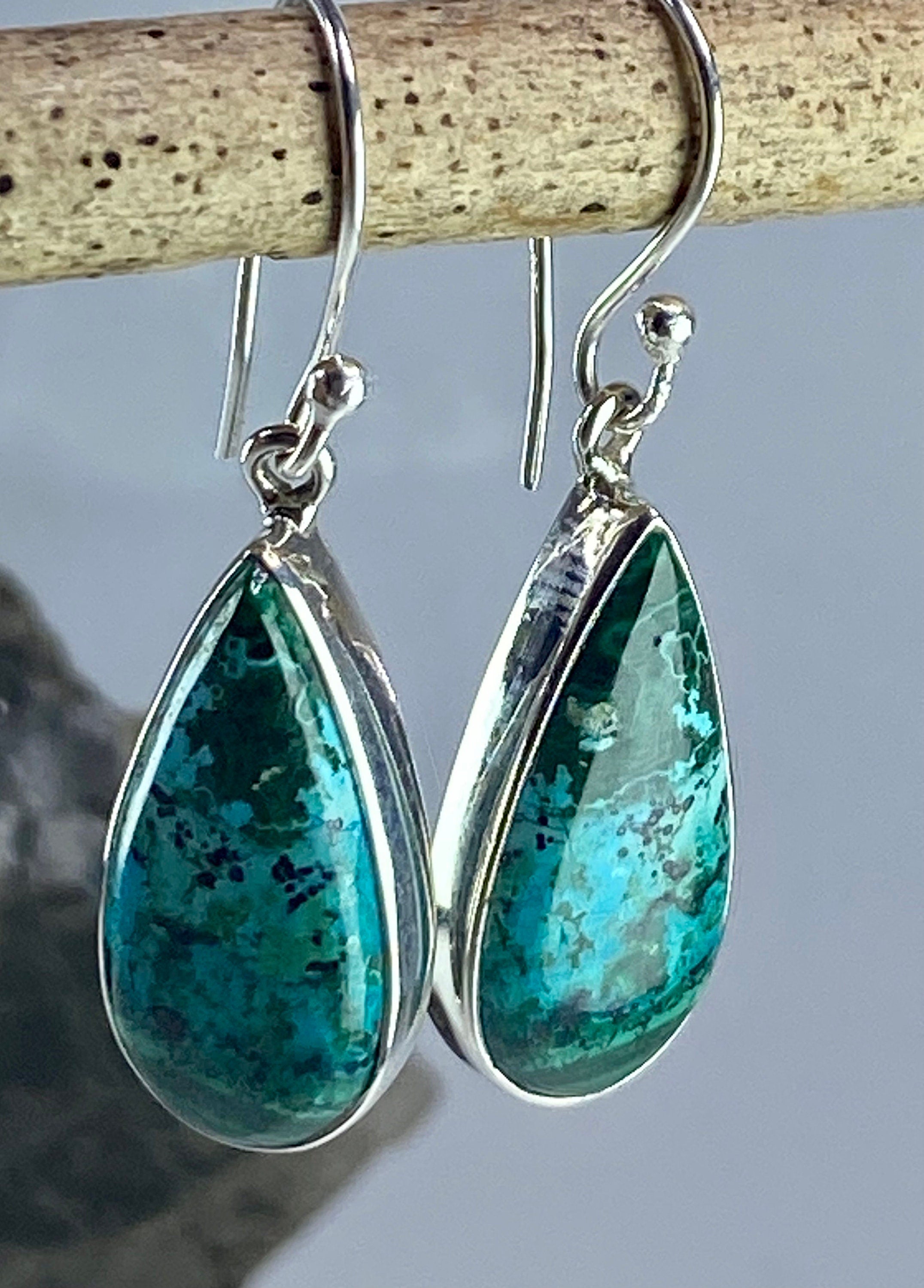 Natural Malachite in Chrysocolla Silver Earrings(UV770)