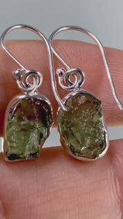 Natural Moldavite and Silver Dangle Earrings (UV11)