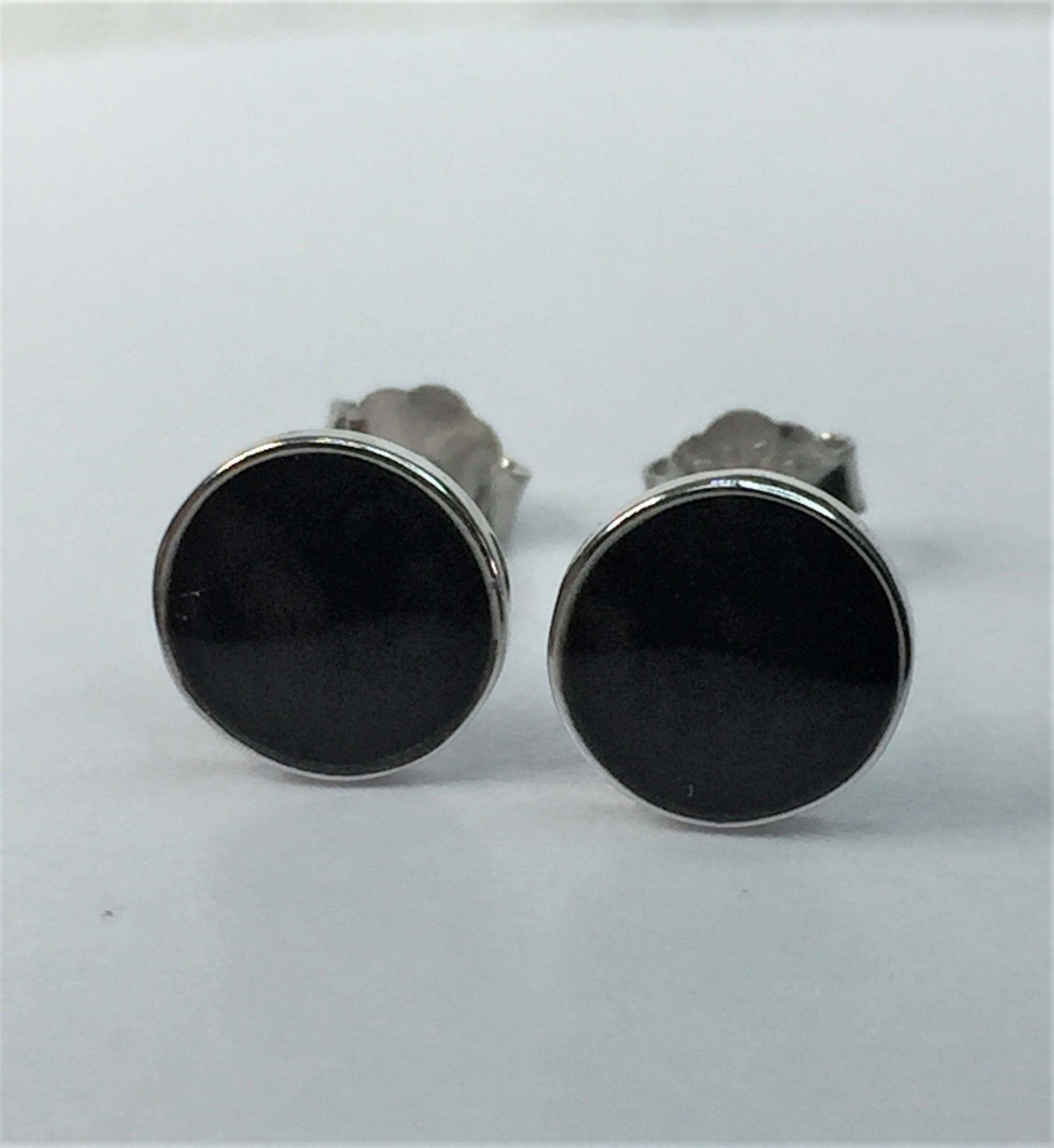 9mm Polished Black Tourmaline and Silver Studs (A+)