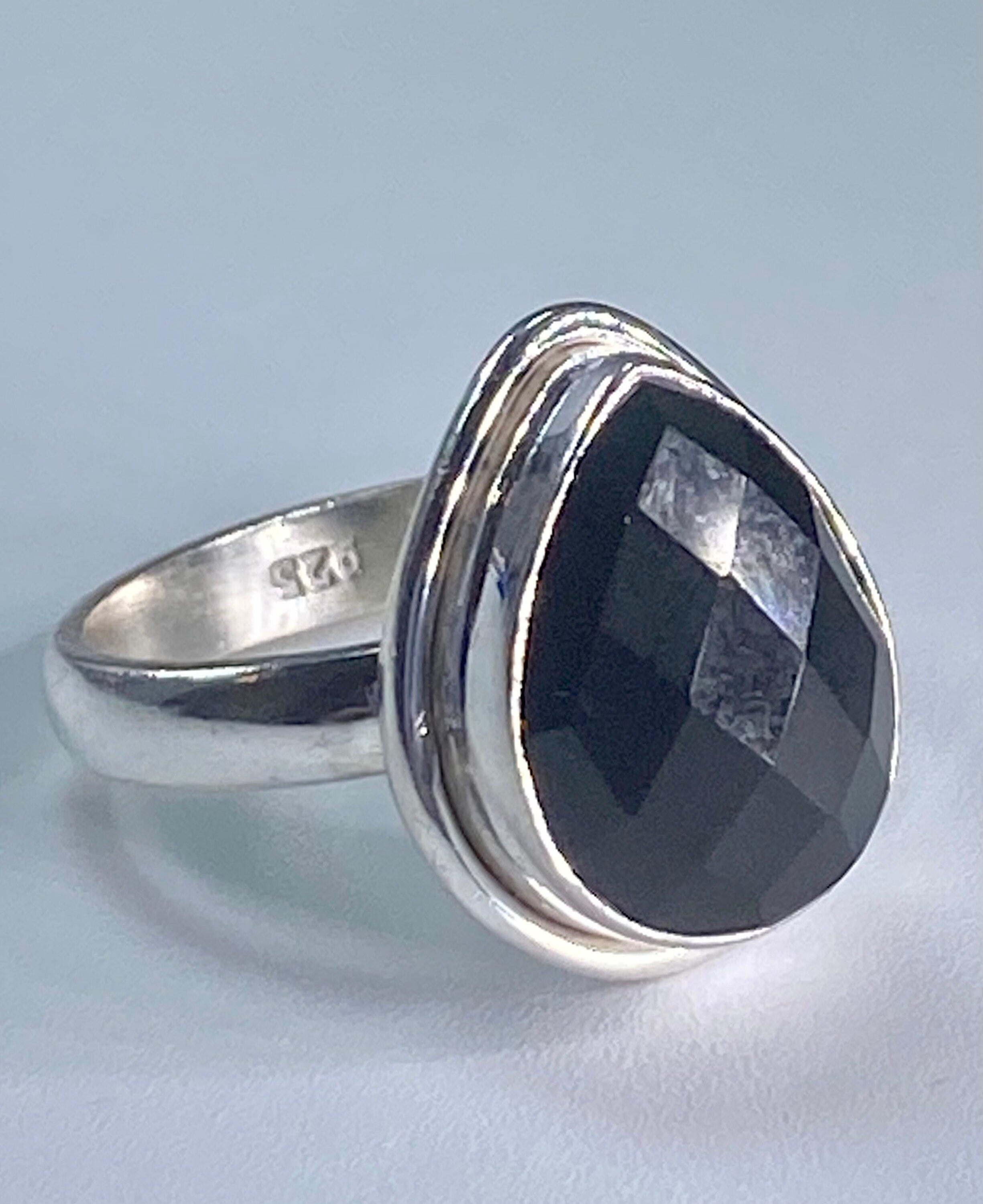 Black Faceted Tourmaline 925 Silver Ring