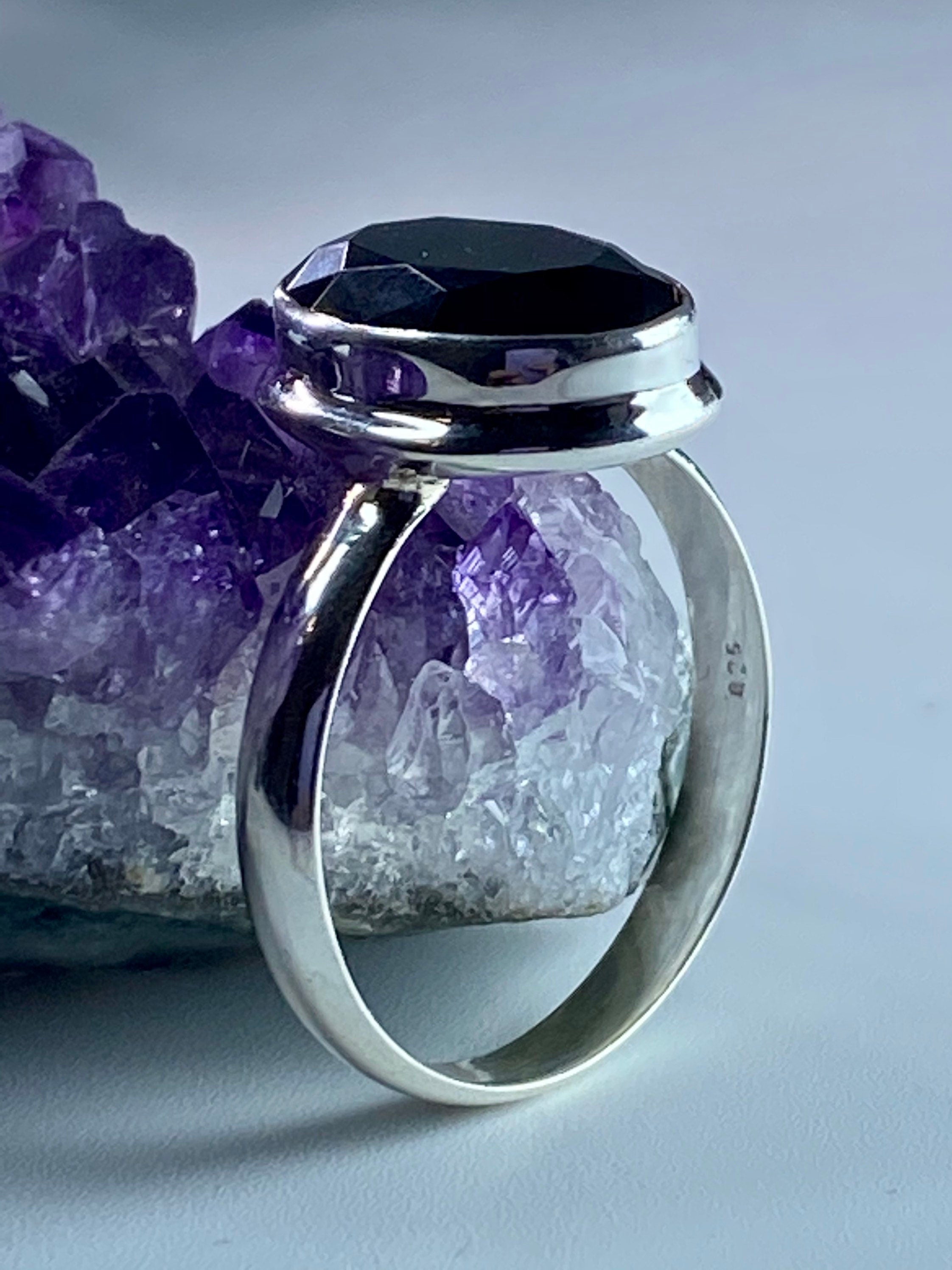 Black Polished Oval Tourmaline 925 Sterling Silver Ring