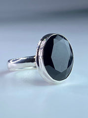 Black Polished Oval Tourmaline 925 Sterling Silver Ring
