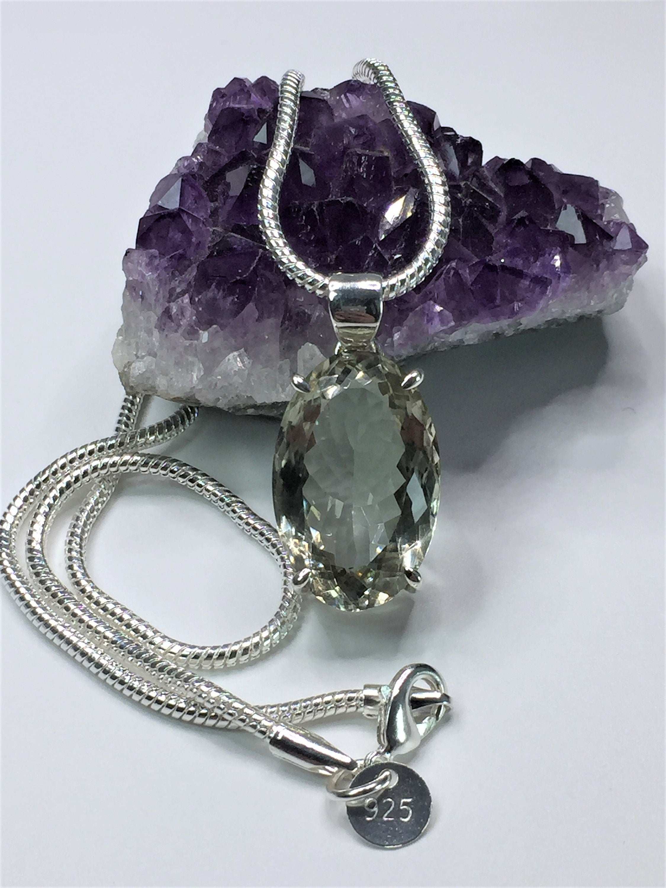 A Large Green Amethyst (Prasiolite ) and Silver Pendant Including the Chain