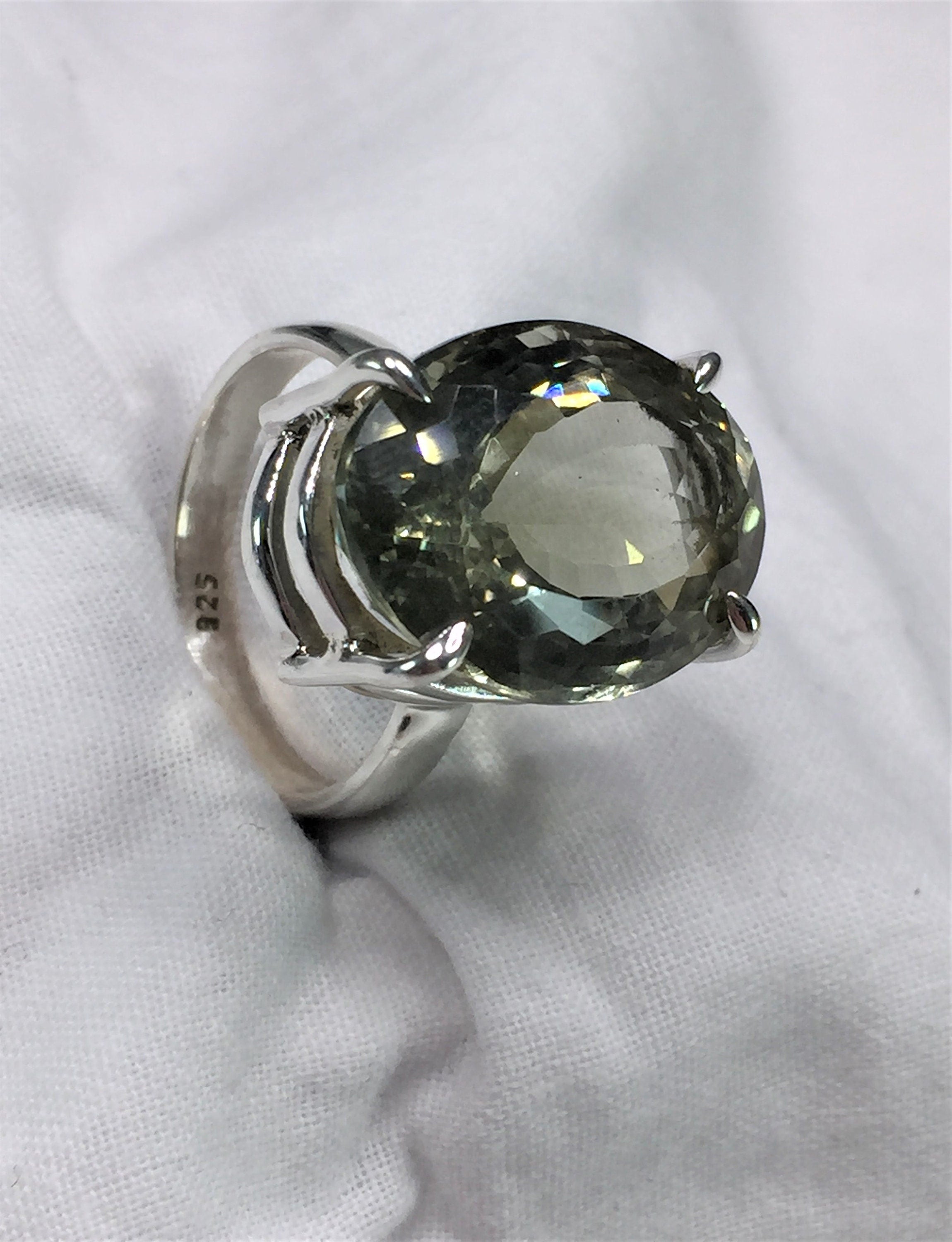 A Large Green Amethyst (Prasiolite ) and Silver Ring.