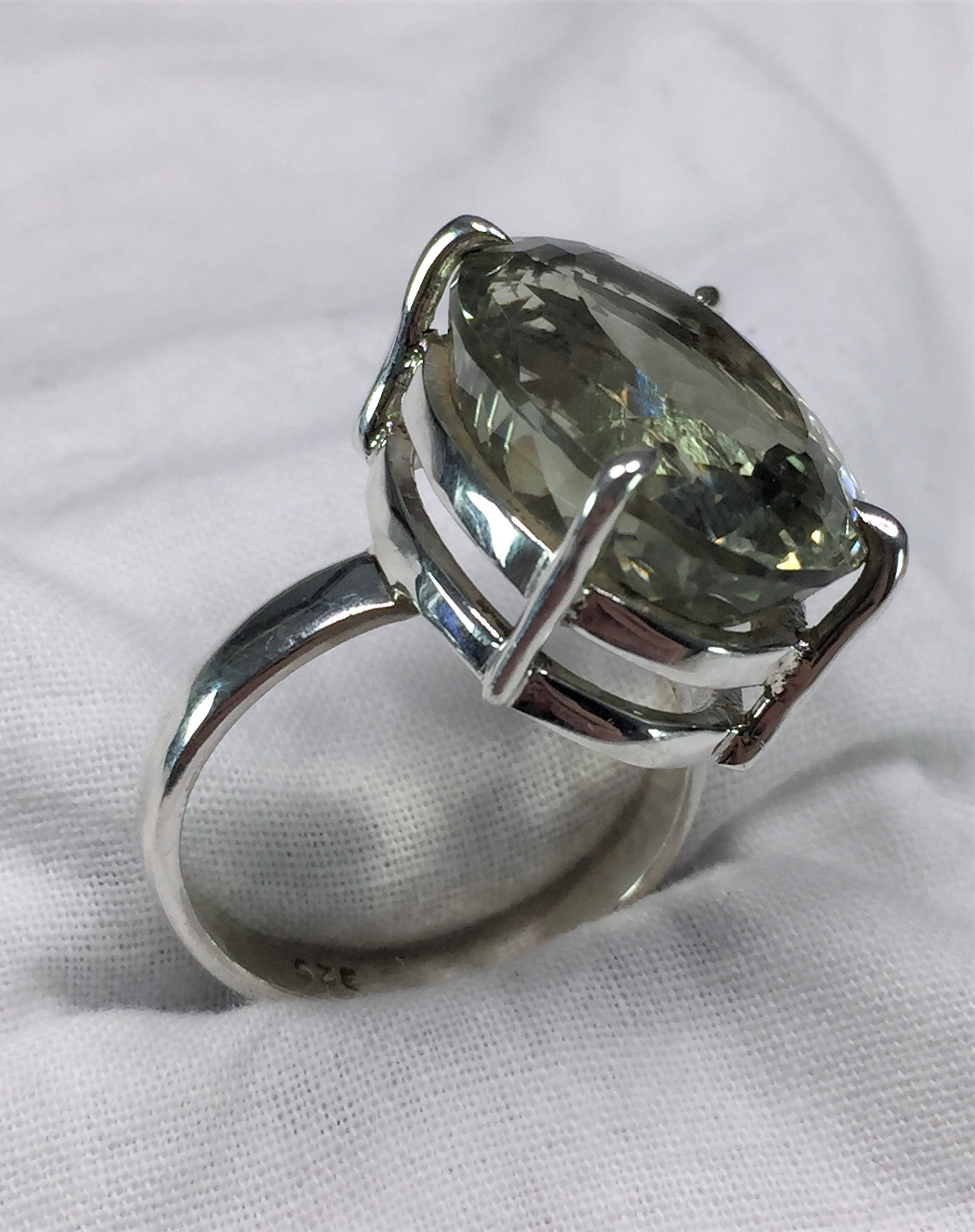 A Large Green Amethyst (Prasiolite ) and Silver Ring.