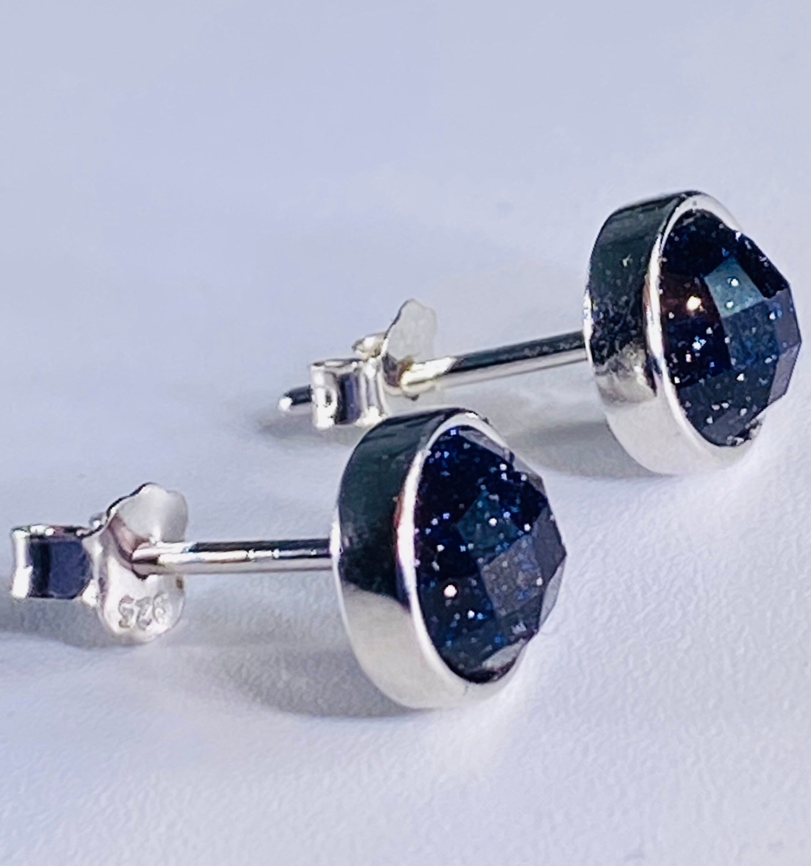 Faceted Navy Blue Goldstone and Silver Studs