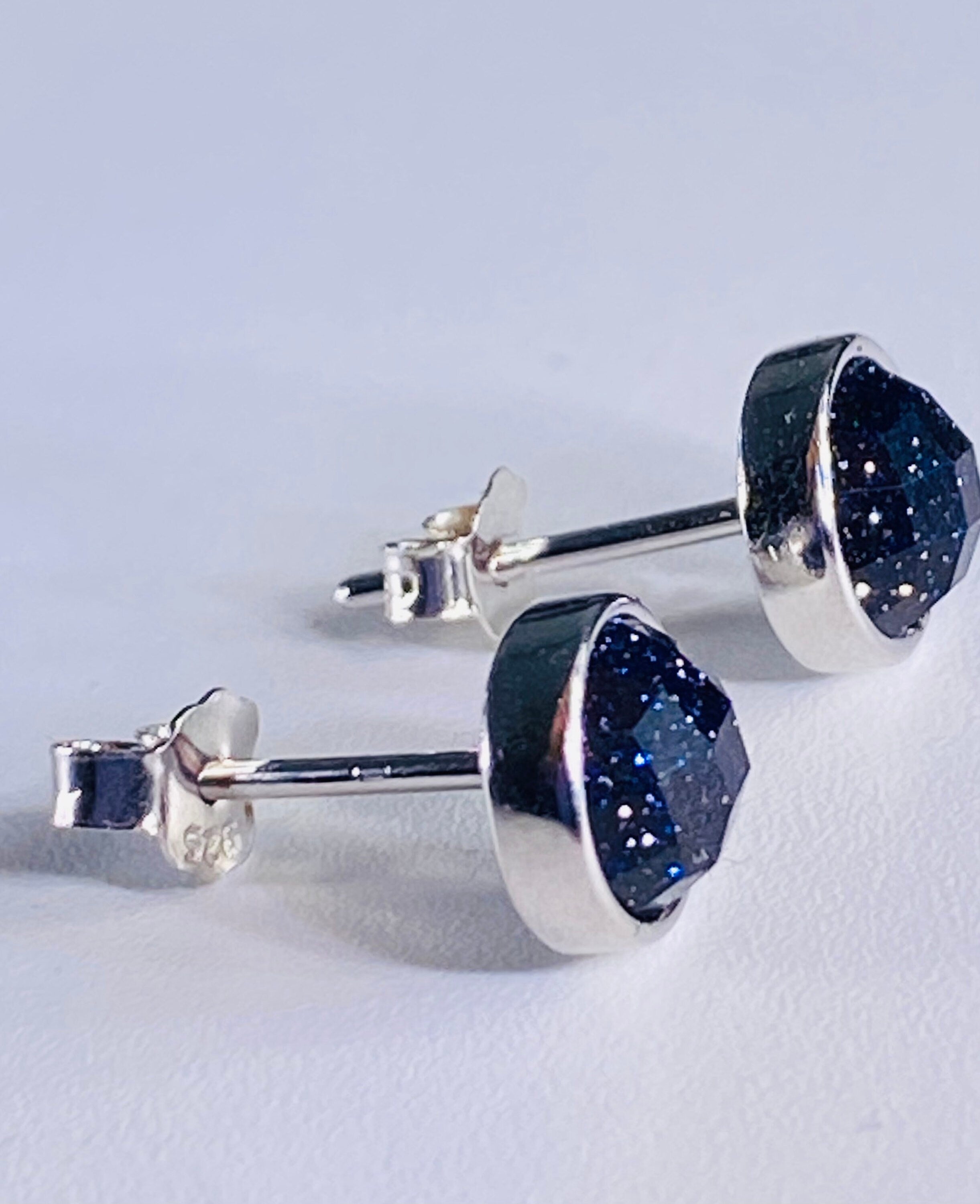 Faceted Navy Blue Goldstone and Silver Studs