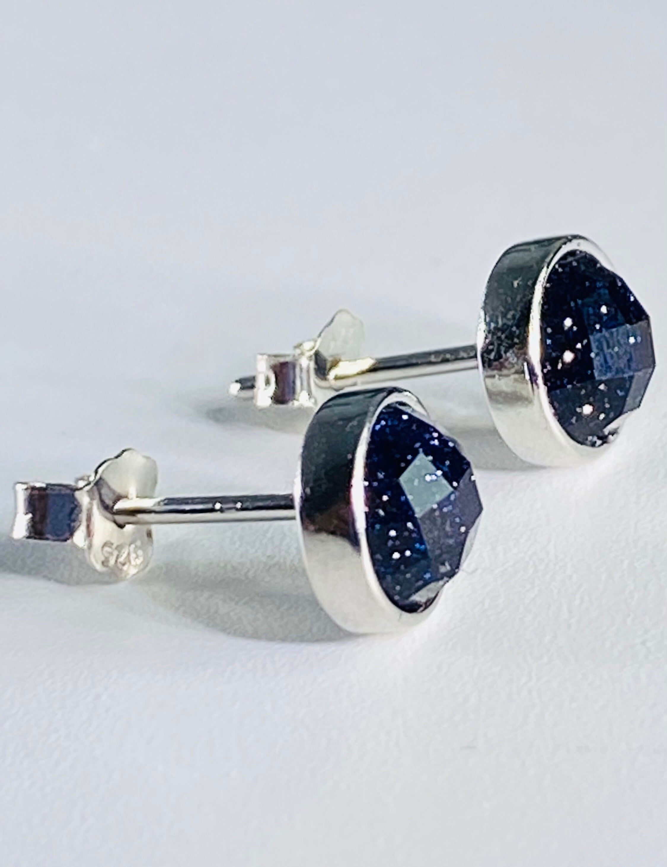 Faceted Navy Blue Goldstone and Silver Studs