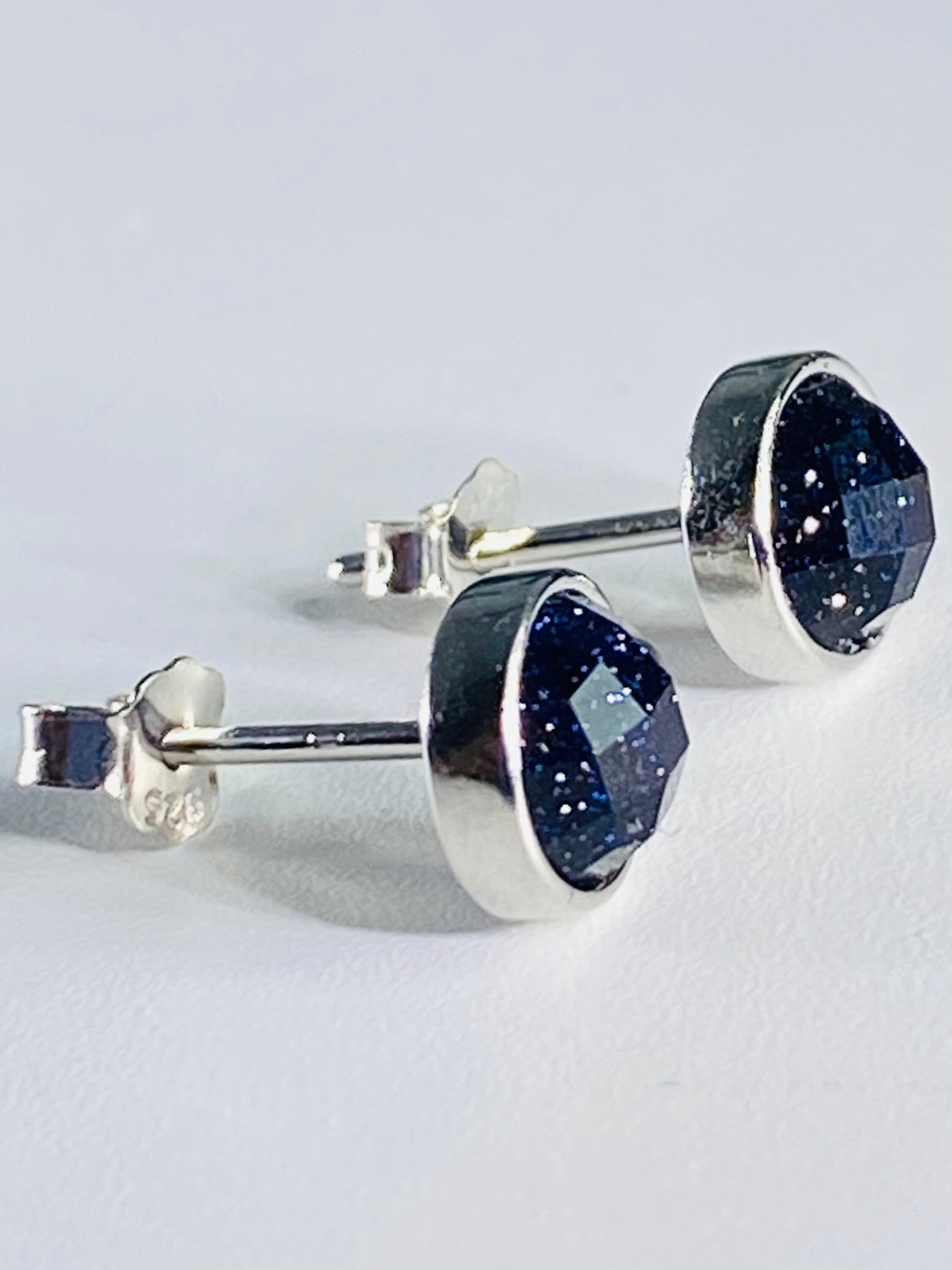 Faceted Navy Blue Goldstone and Silver Studs