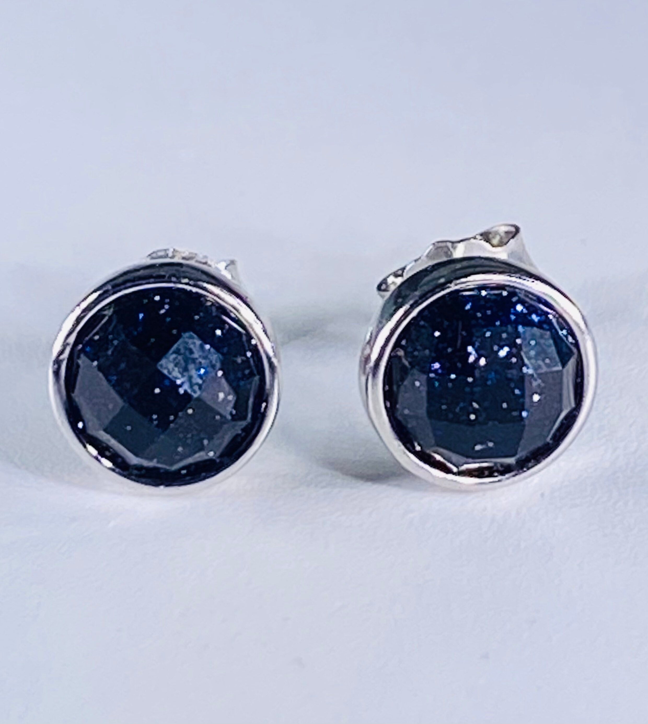 Faceted Navy Blue Goldstone and Silver Studs