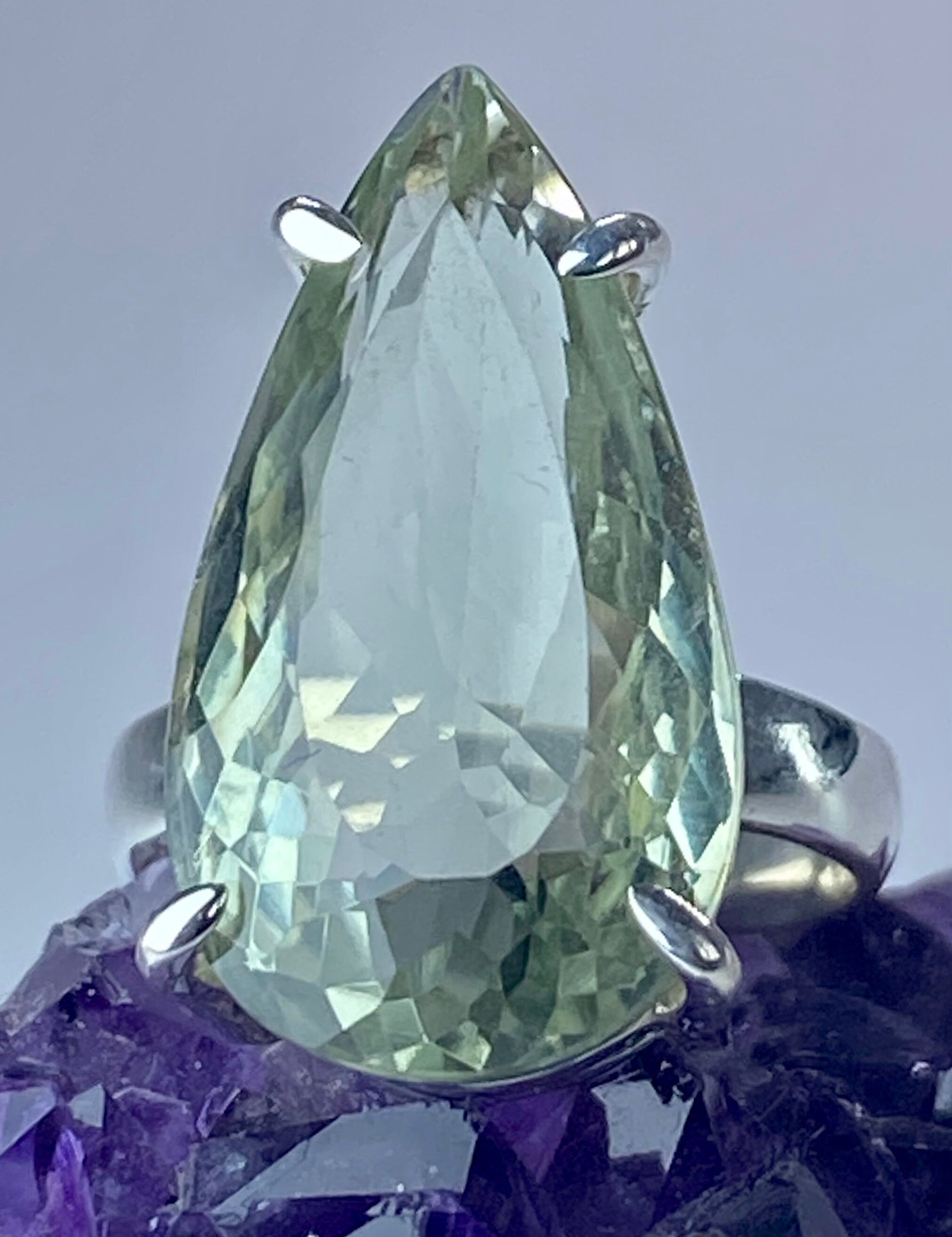 A Large Green Amethyst (Prasiolite ) and Silver Ring