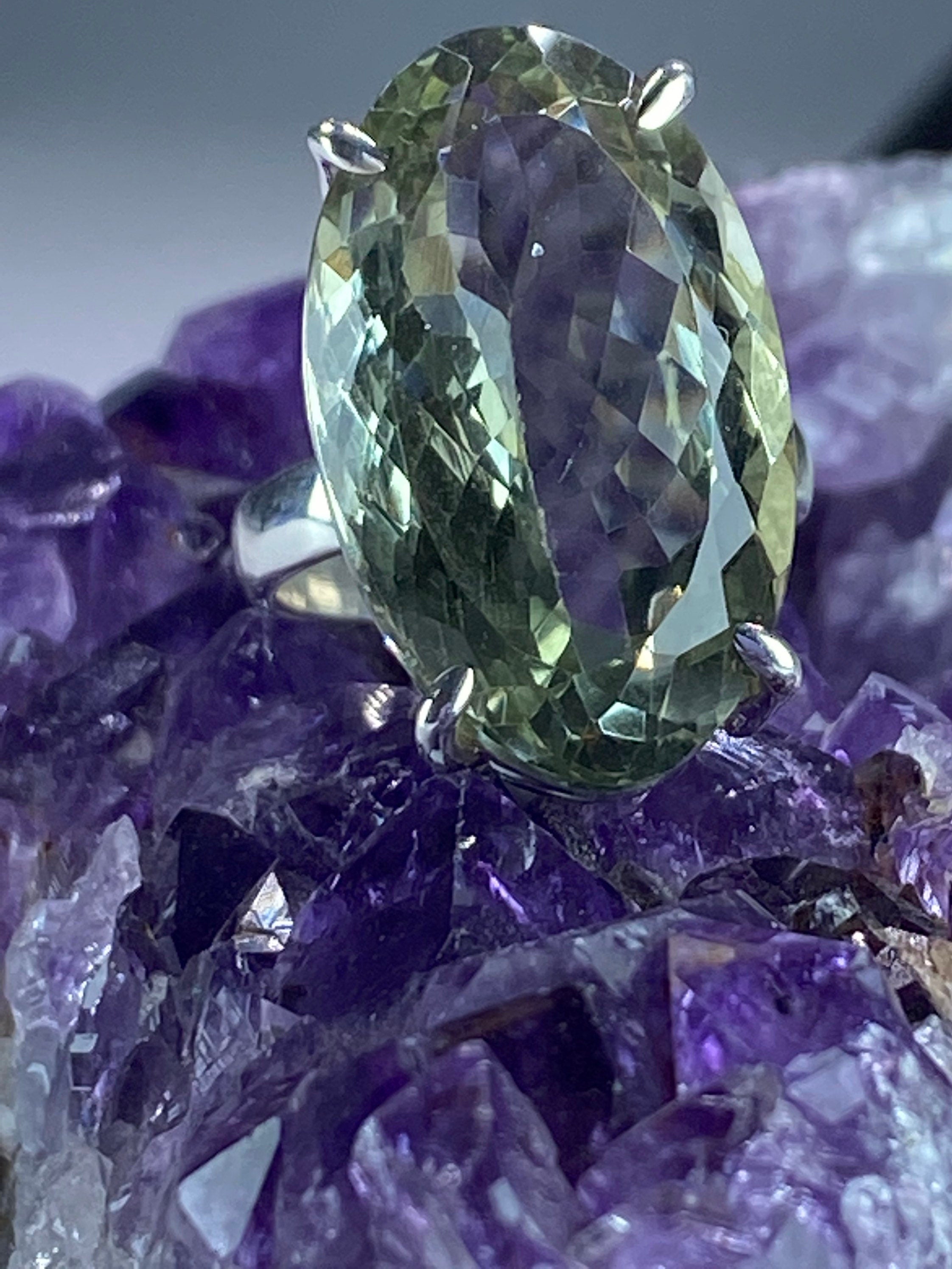A Large Green Amethyst (Prasiolite ) and Silver Ring