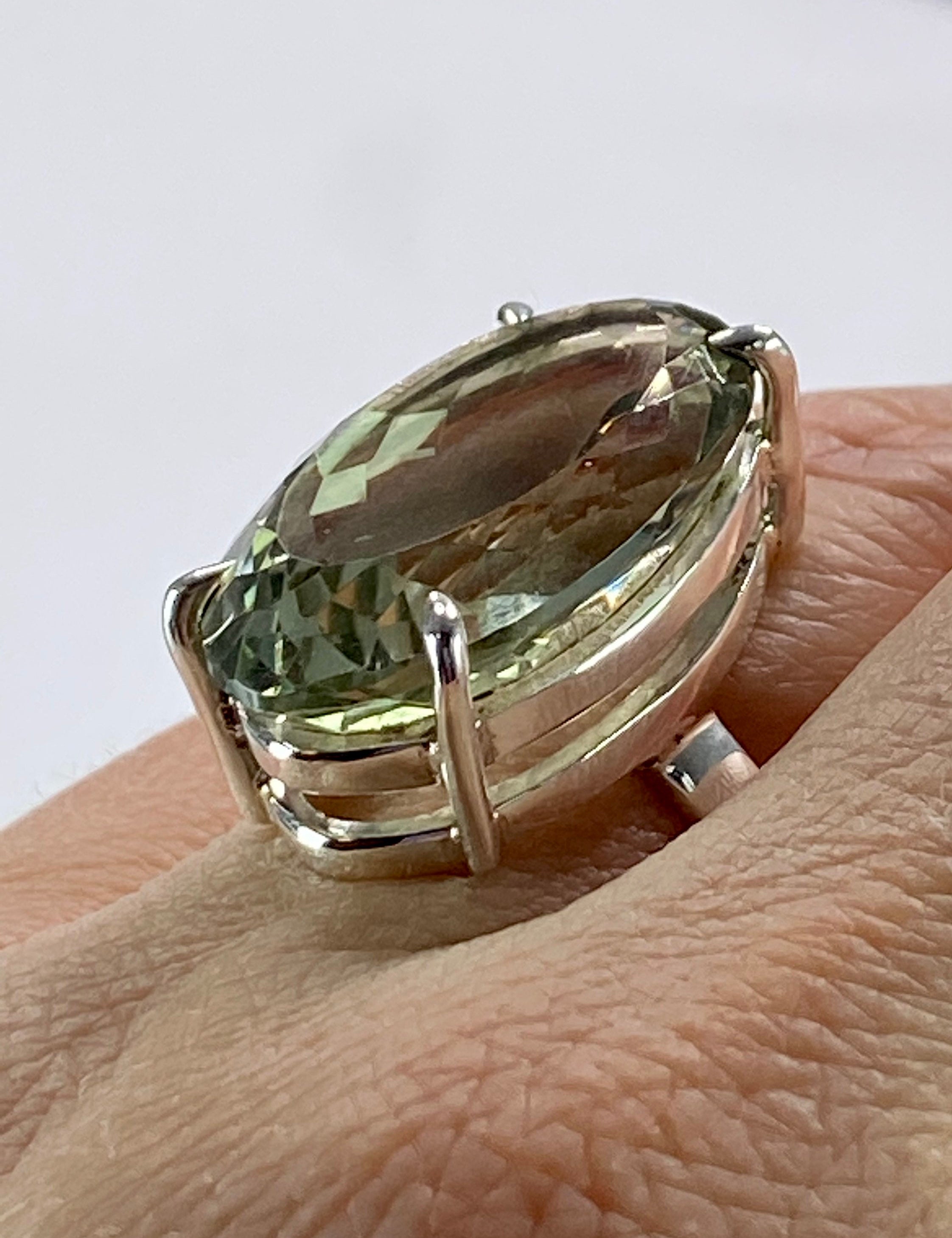 A Large Green Amethyst (Prasiolite ) and Silver Ring