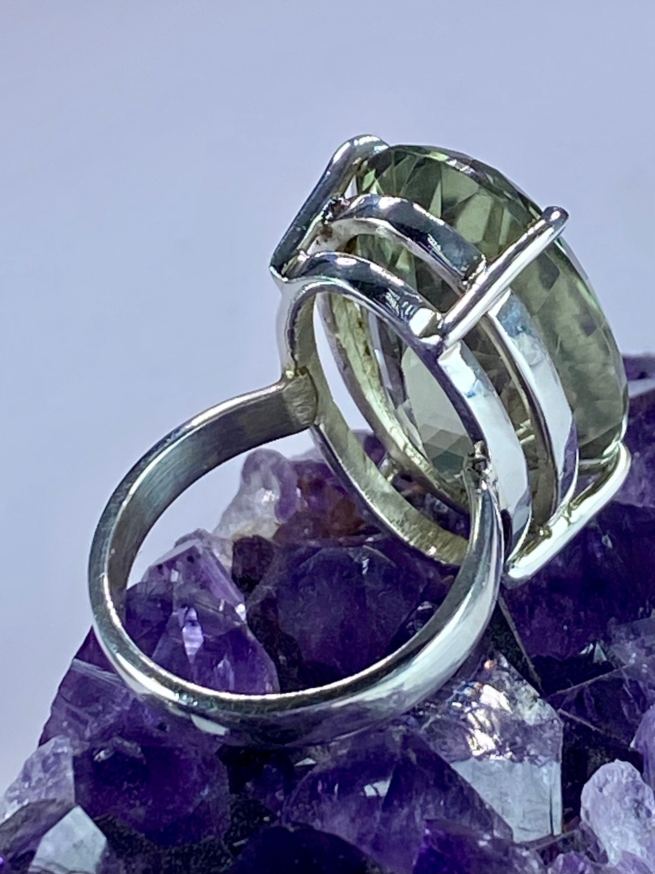 A Large Green Amethyst (Prasiolite ) and Silver Ring