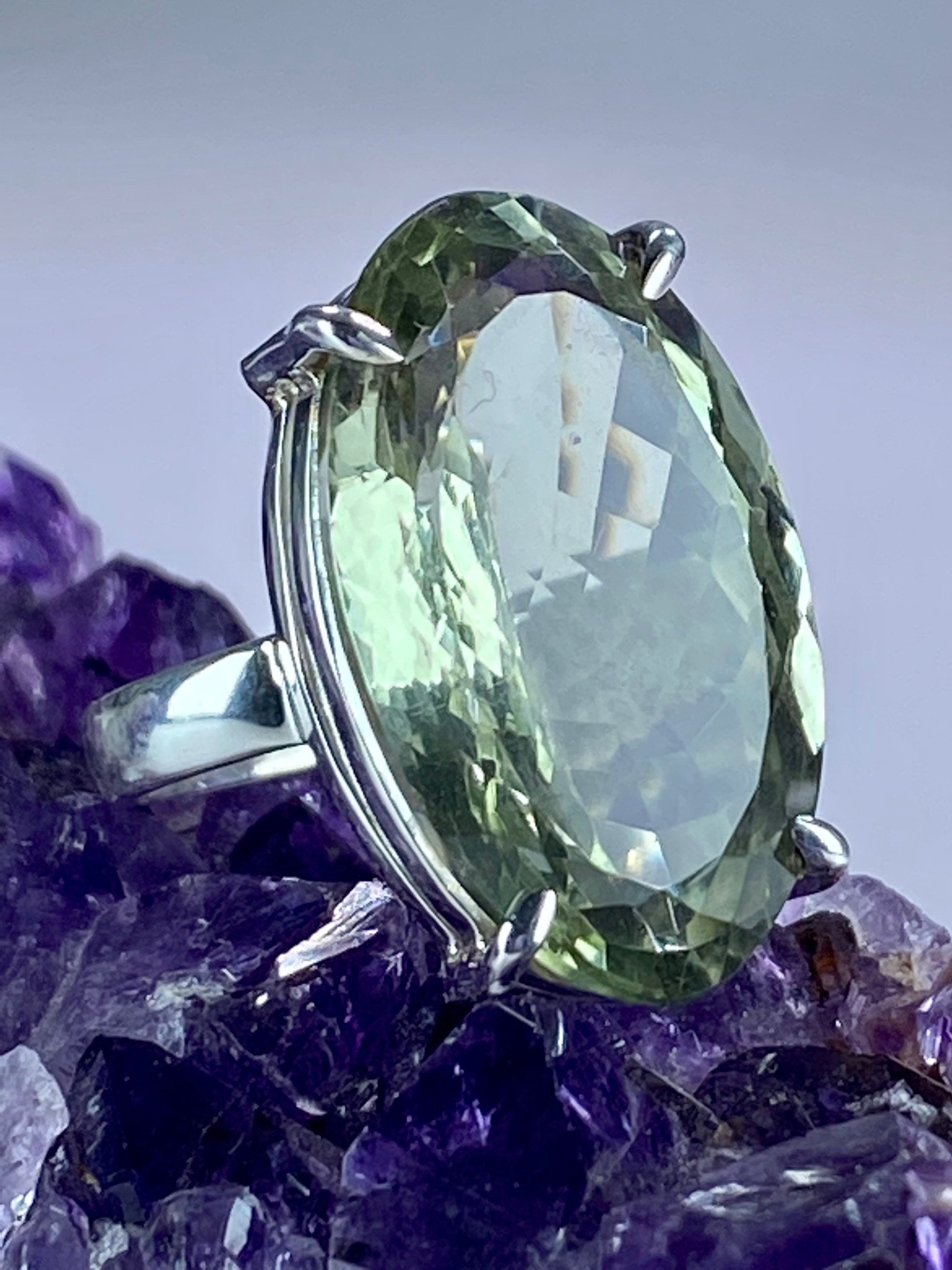 A Large Green Amethyst (Prasiolite ) and Silver Ring