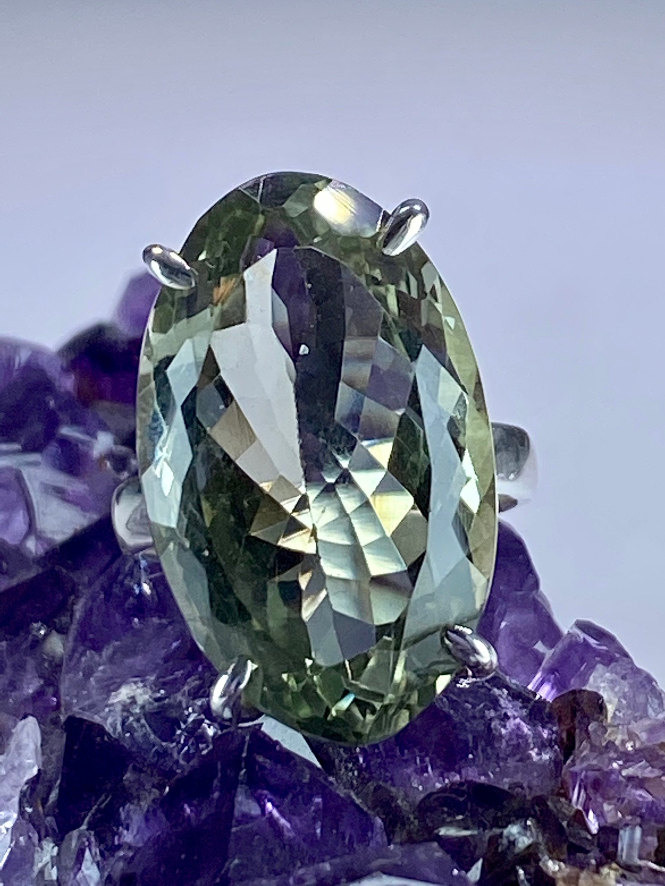 A Large Green Amethyst (Prasiolite ) and Silver Ring