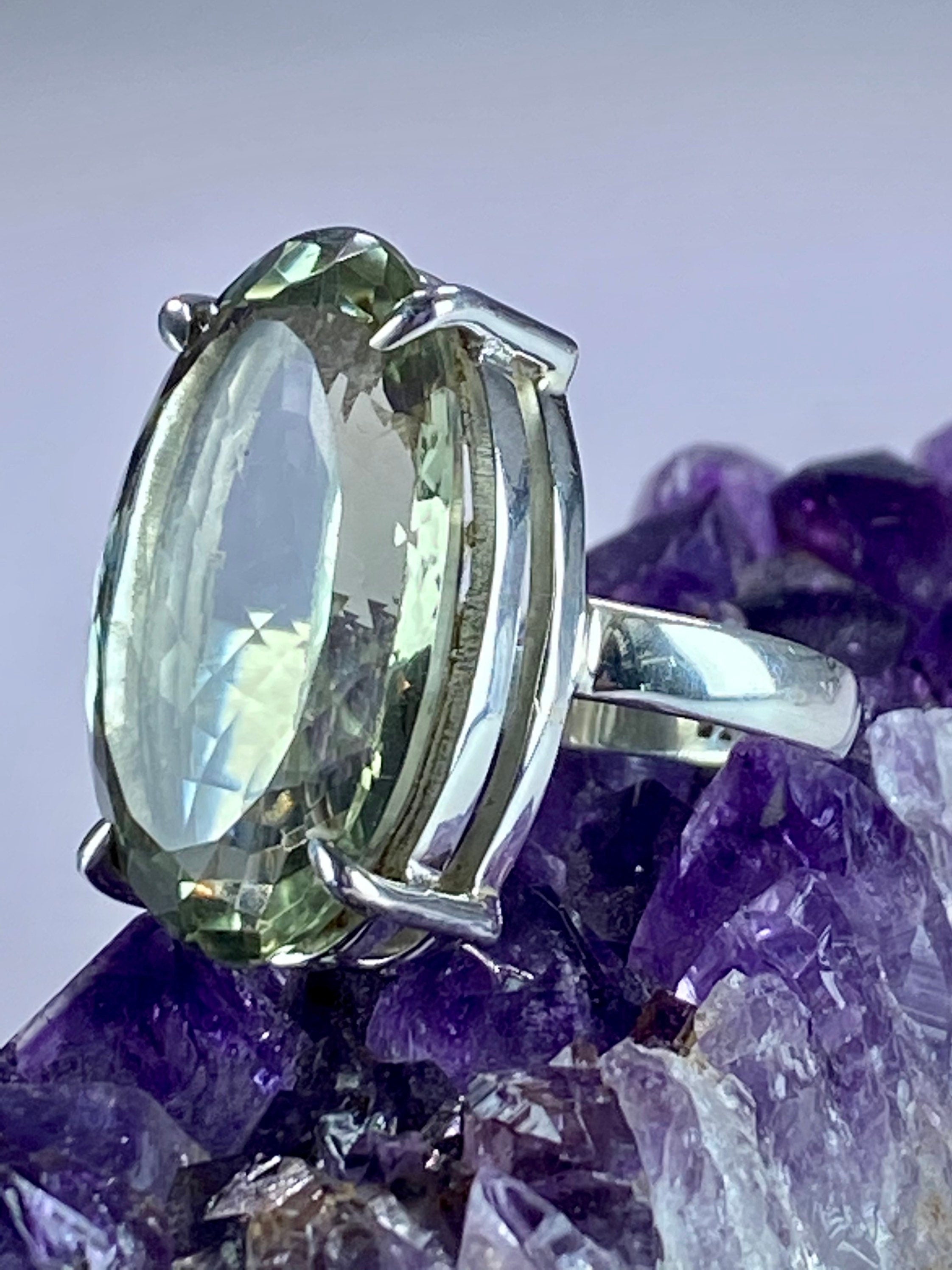 A Large Green Amethyst (Prasiolite ) and Silver Ring