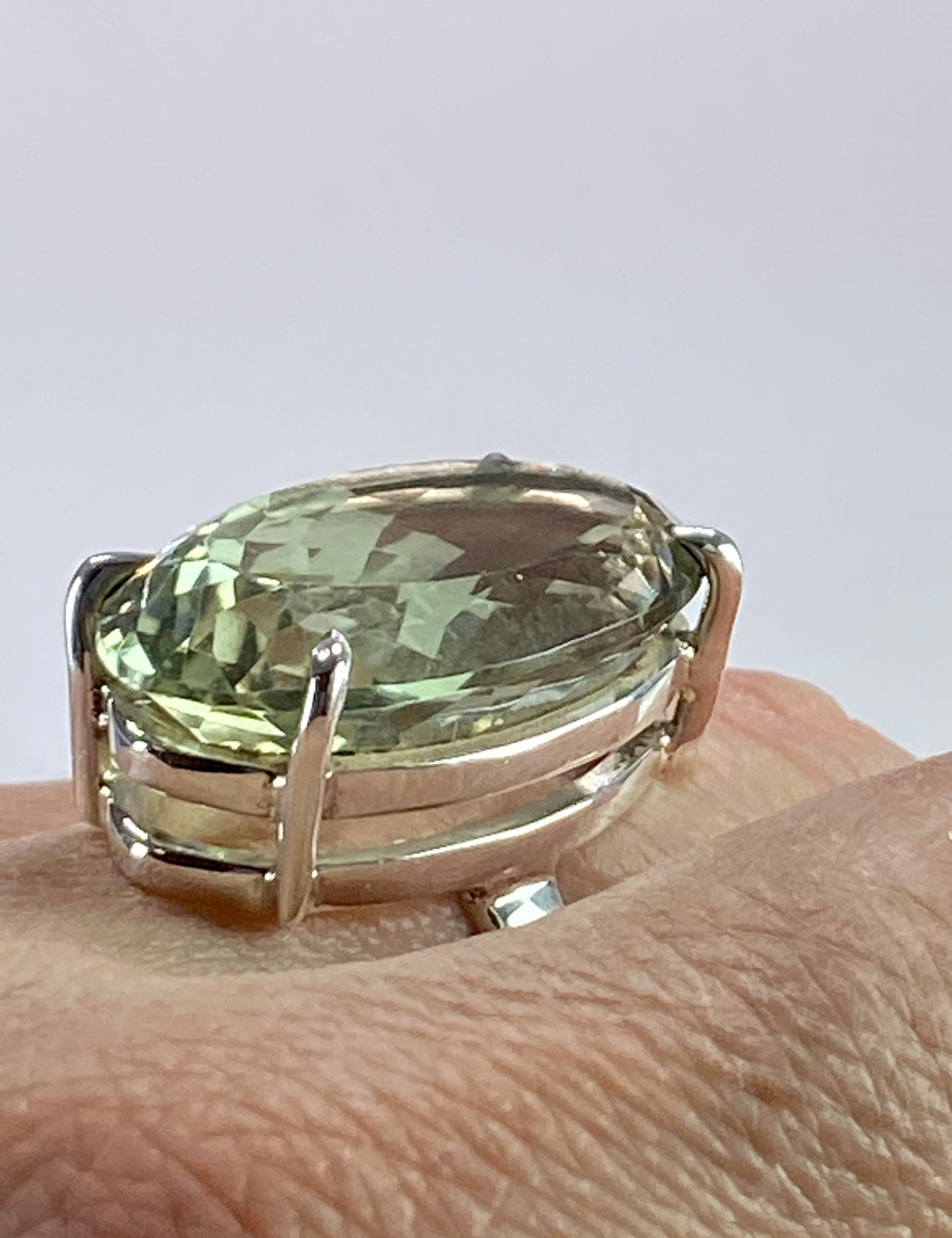 A Large Green Amethyst (Prasiolite ) and Silver Ring