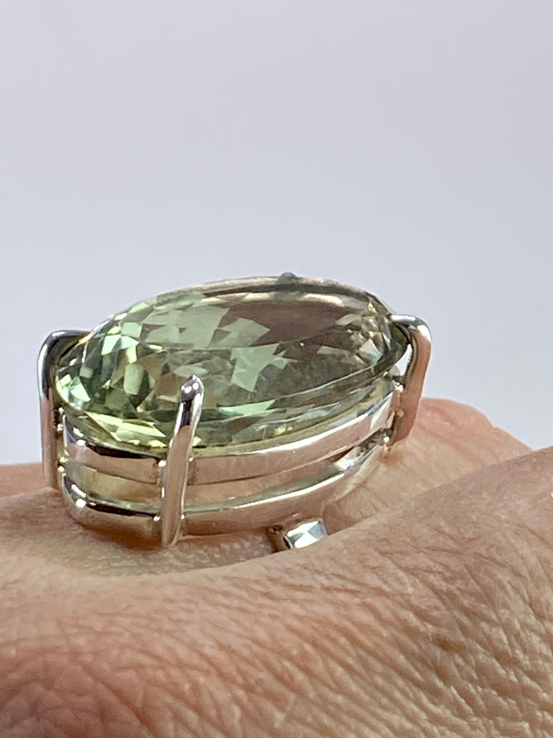A Large Green Amethyst (Prasiolite ) and Silver Ring