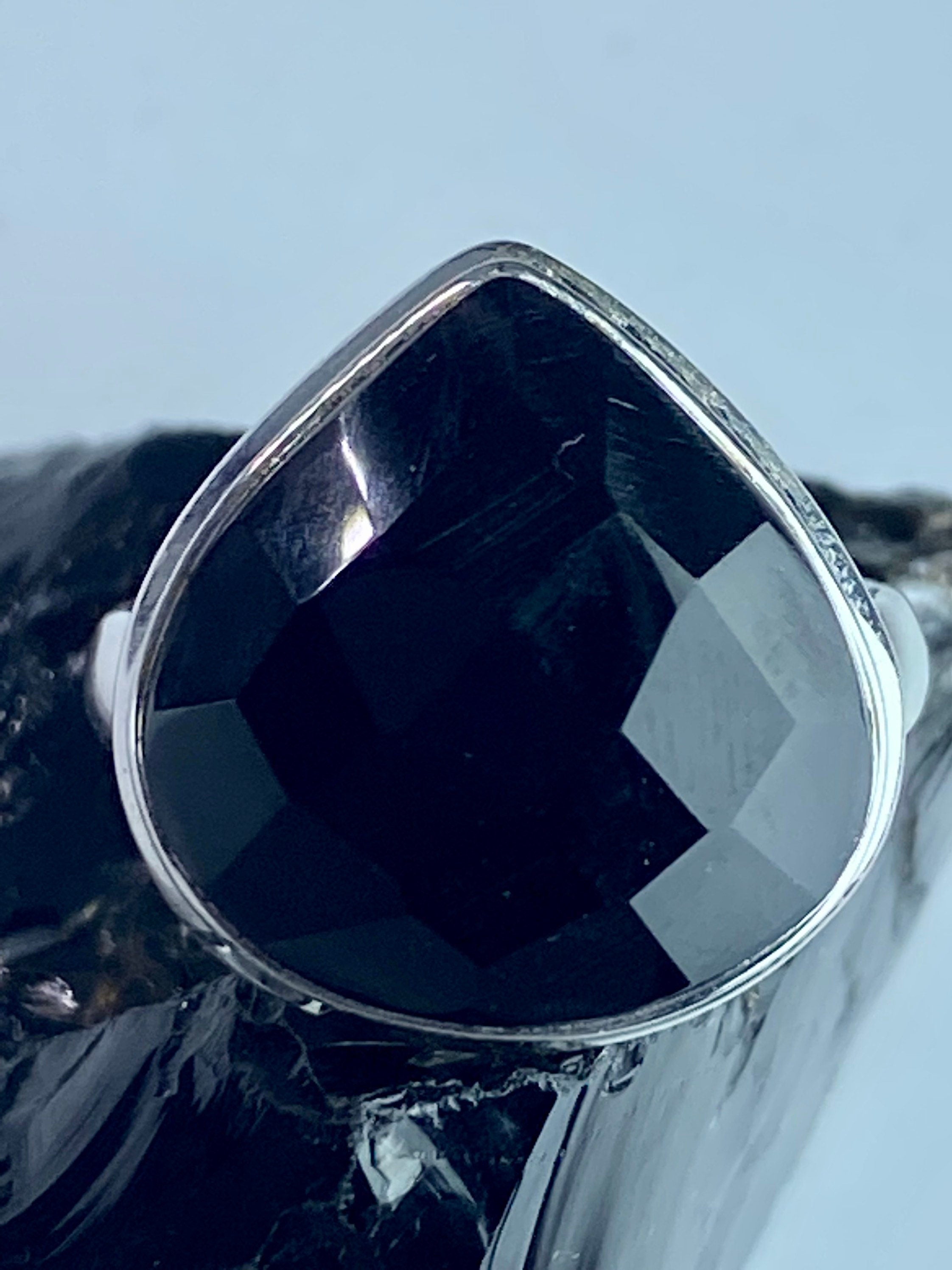 Faceted Black Onyx Sterling Silver Ring - US Size 8