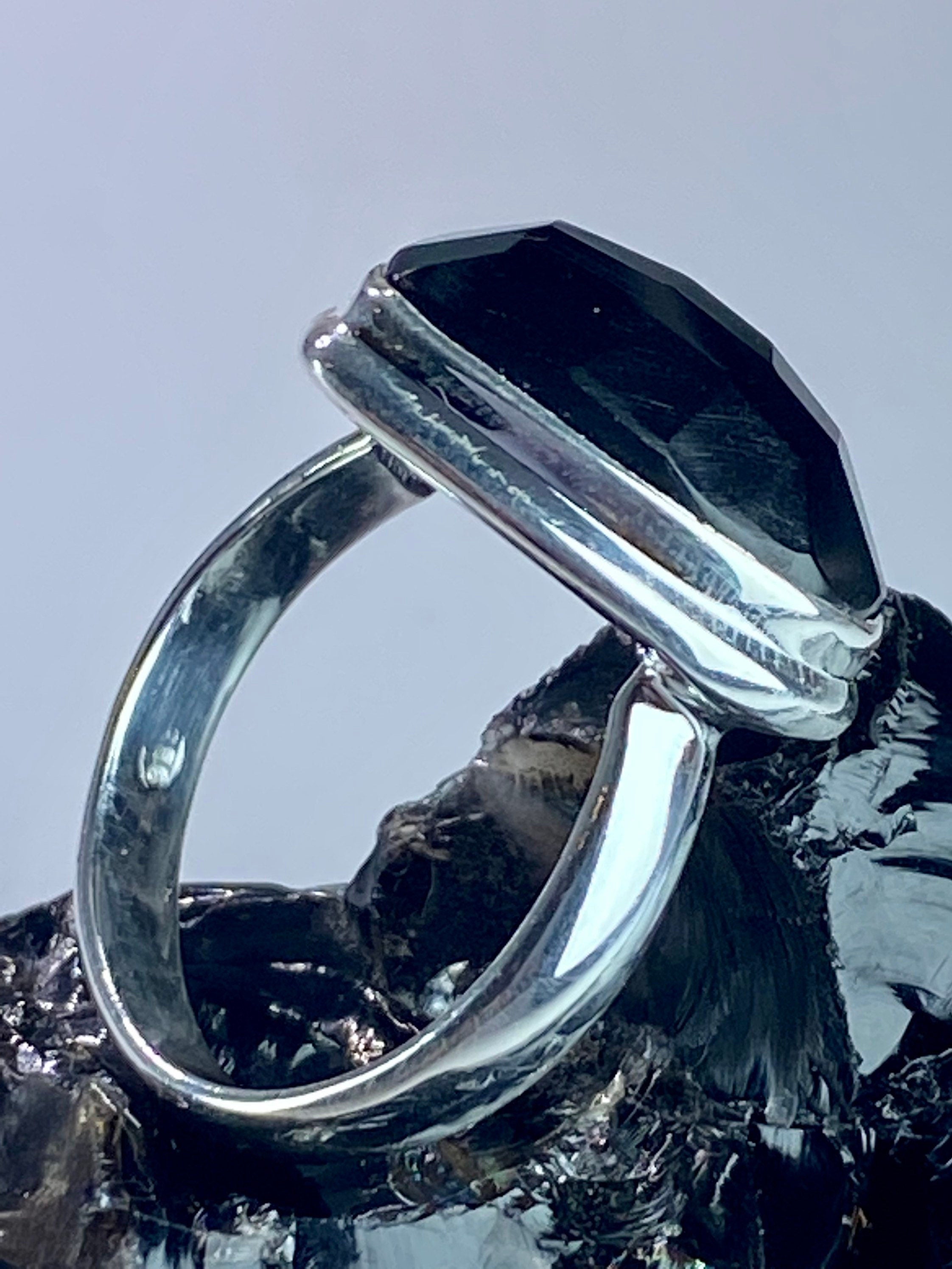 Faceted Black Onyx Sterling Silver Ring - US Size 8