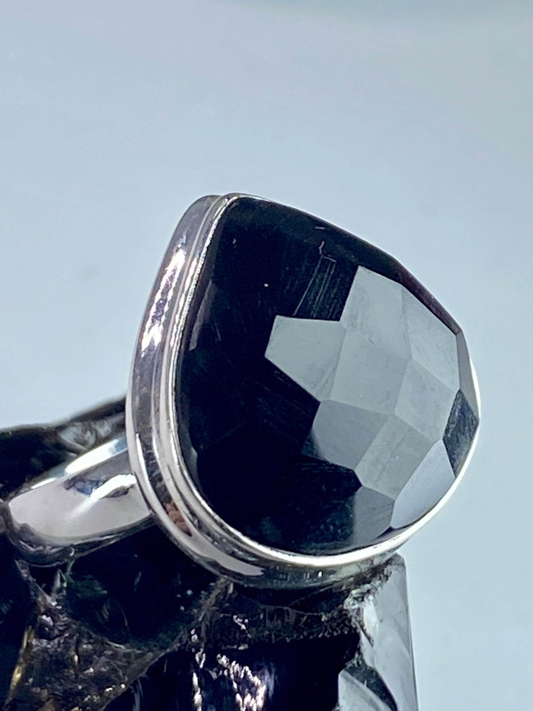 Faceted Black Onyx Sterling Silver Ring - US Size 8