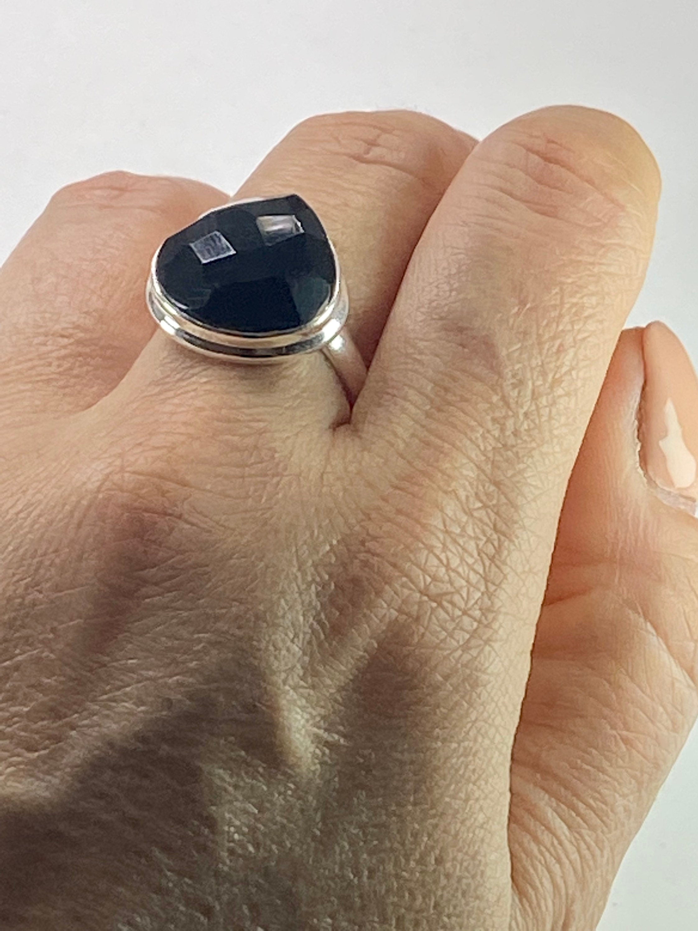 Faceted Black Onyx Sterling Silver Ring - US Size 8