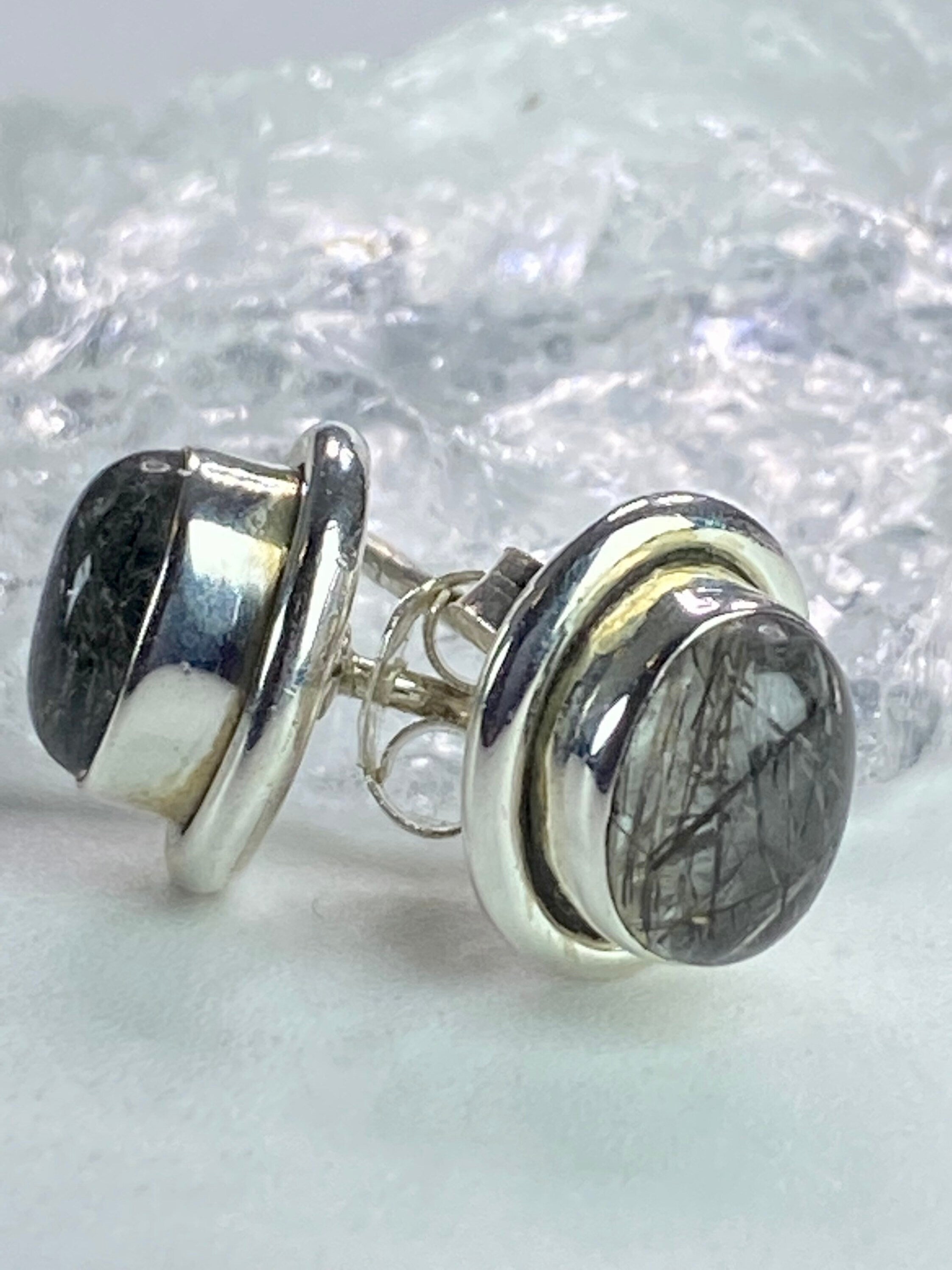 Black Rutilated Quartz and Silver Earrings UV3