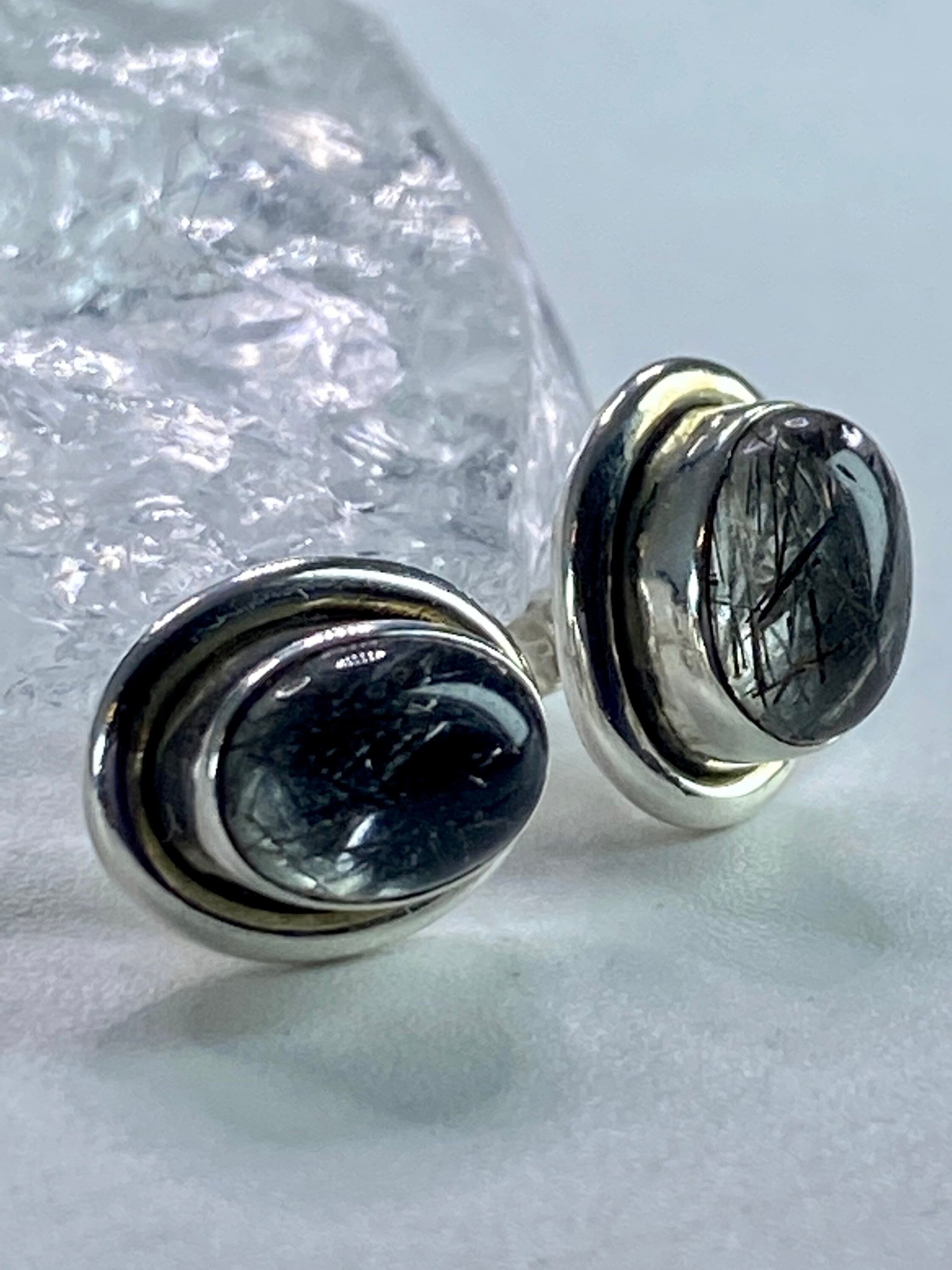 Black Rutilated Quartz and Silver Earrings UV3