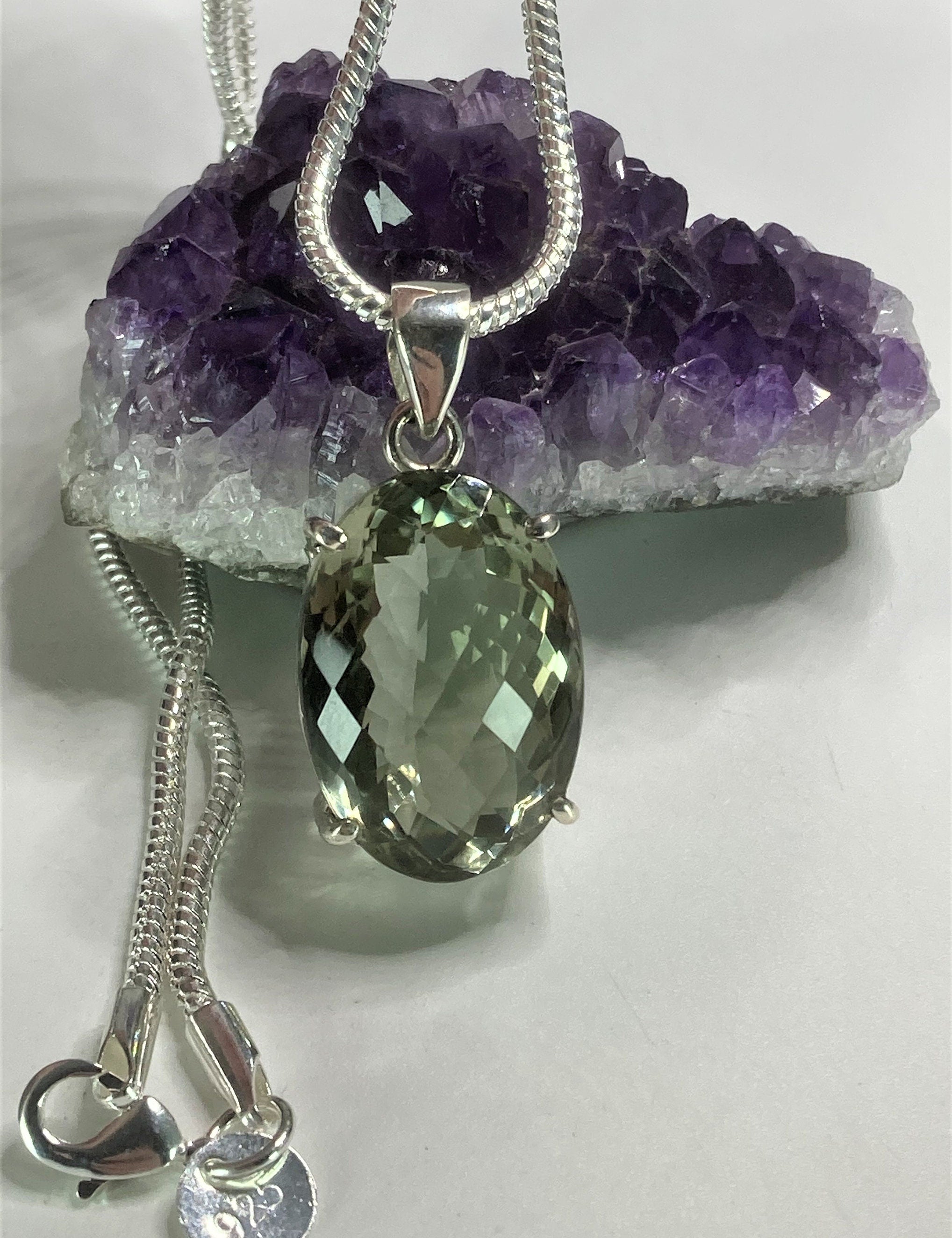 Faceted Green Amethyst (Prasiolite ) and Silver Pendant Including the Chain