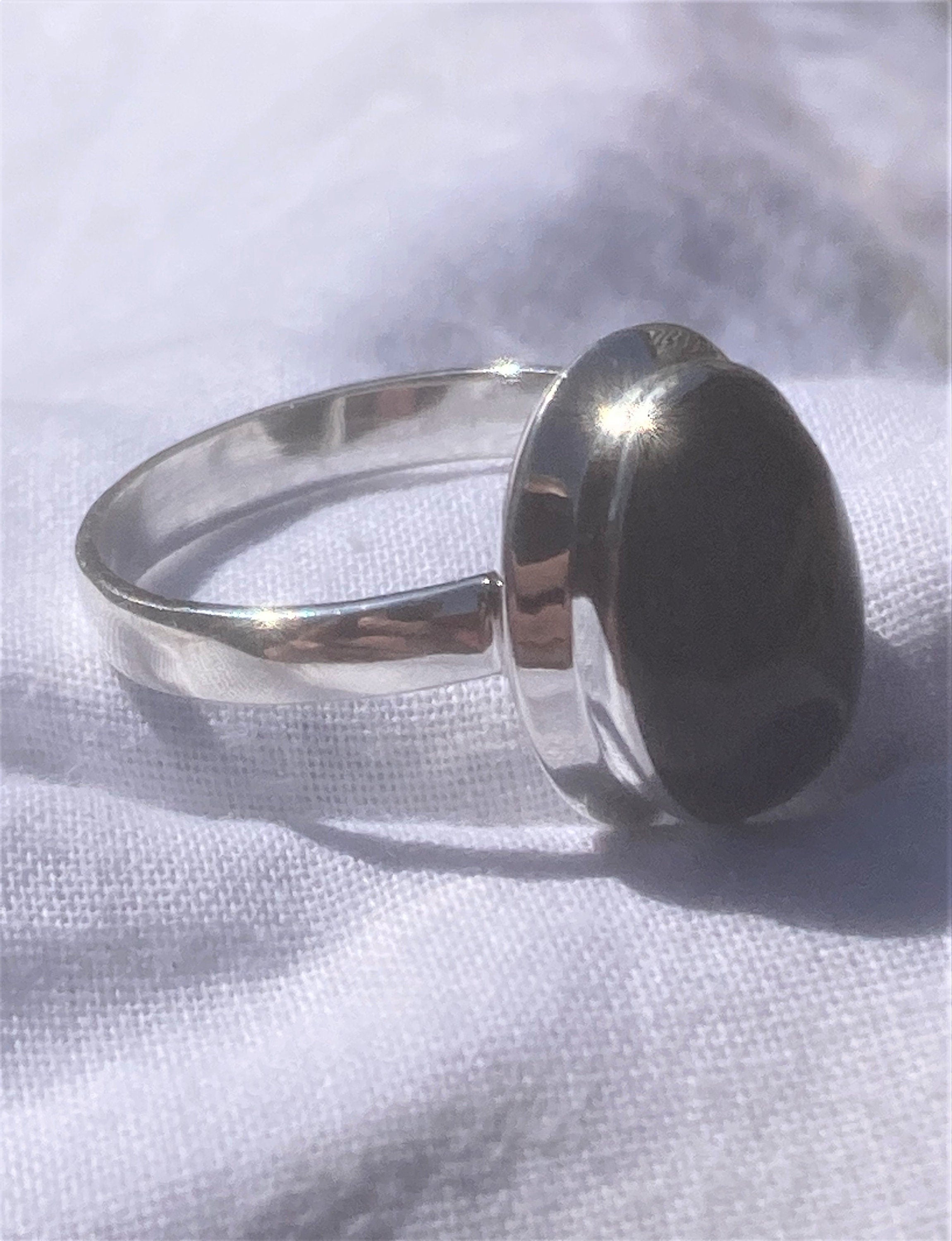 Black Polished Tourmaline and Silver Oval Ring (YM0722)