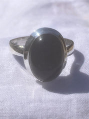 Black Polished Tourmaline and Silver Oval Ring (YM0722)