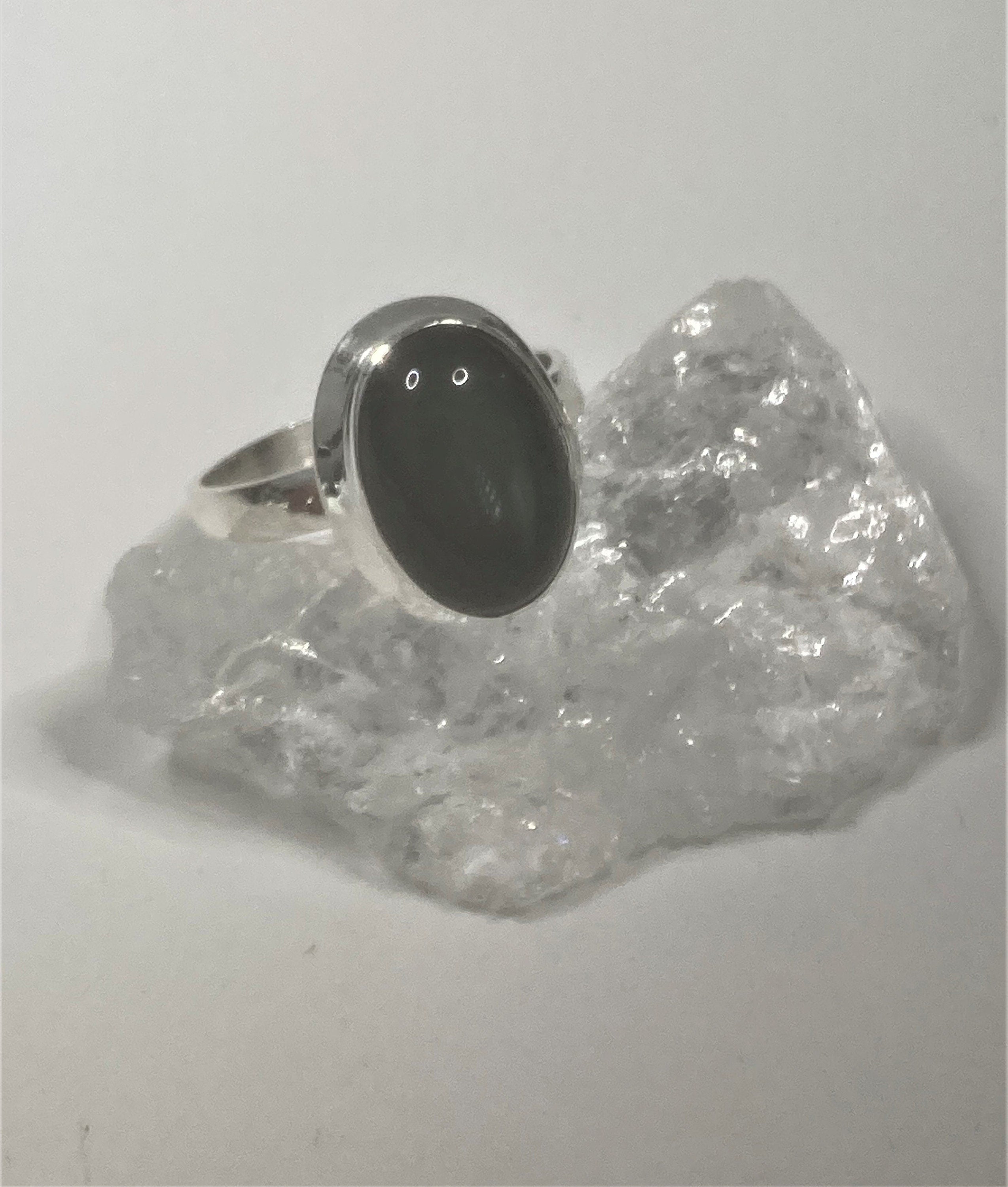 Black Polished Tourmaline and Silver Oval Ring (YM0722)