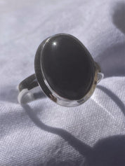 Black Polished Tourmaline and Silver Oval Ring (YM0722)