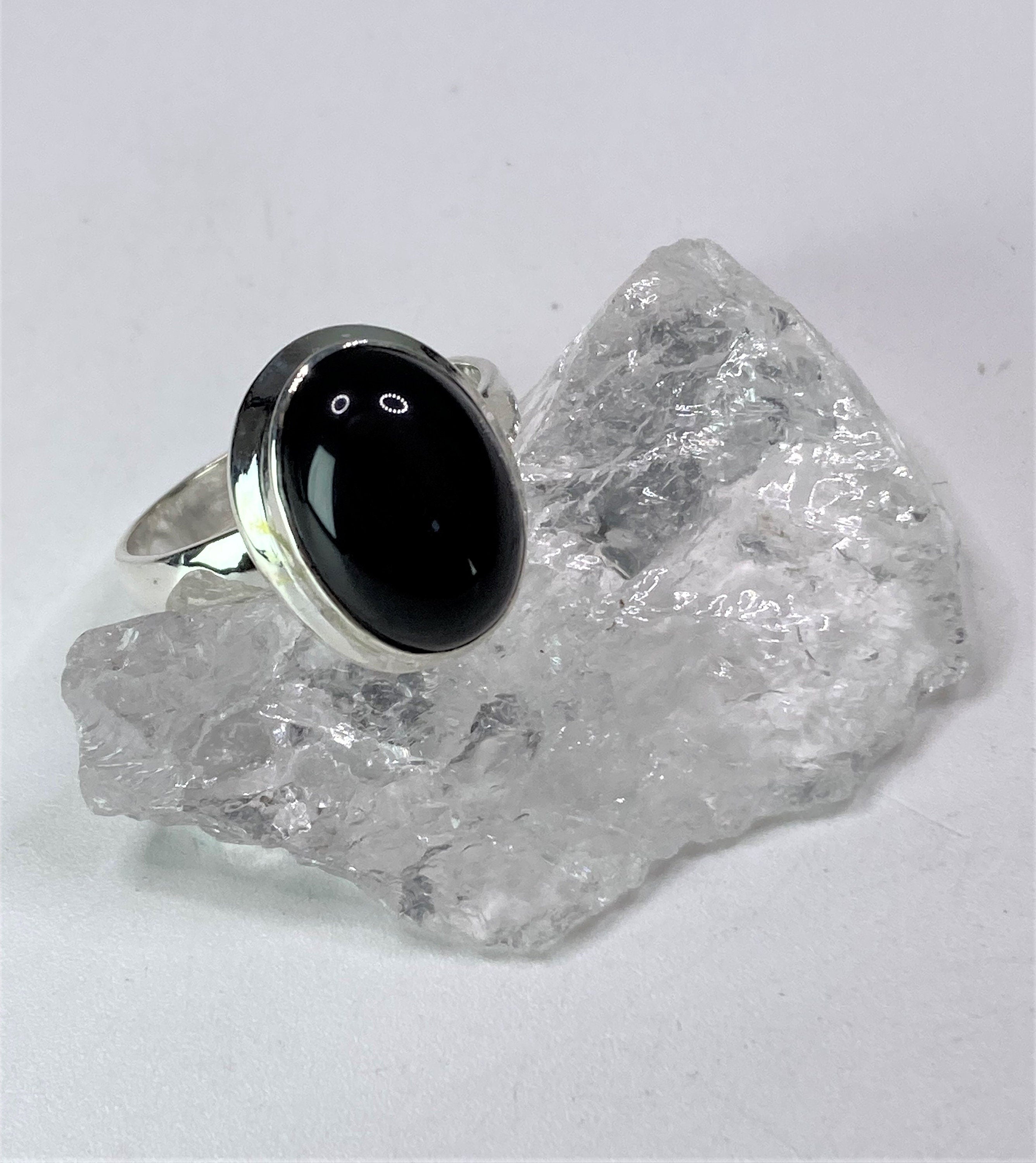 Black Polished Tourmaline and Silver Oval Ring (YM0722)