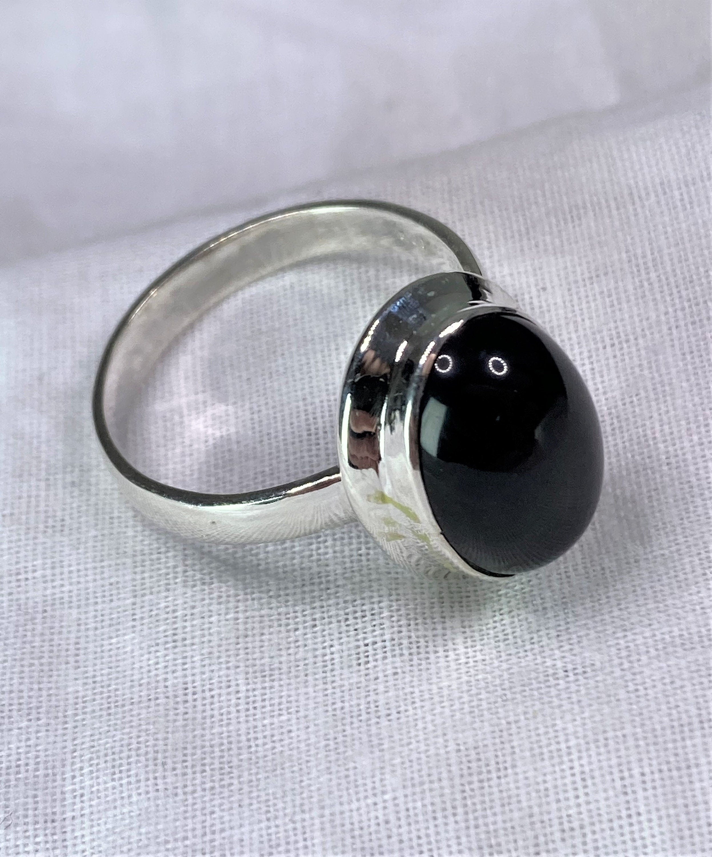 Black Polished Tourmaline and Silver Oval Ring (YM0722)