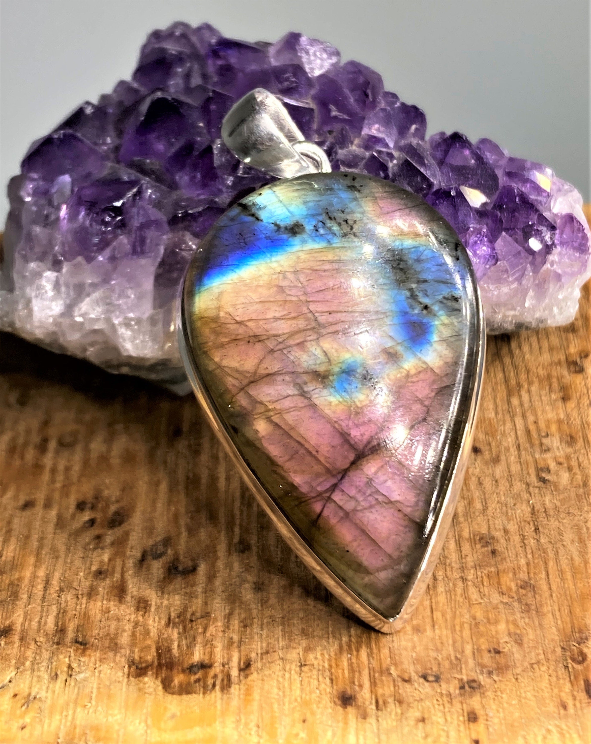 Grade A - Rare Pink Labradorite and Silver Pendant (UV4444)